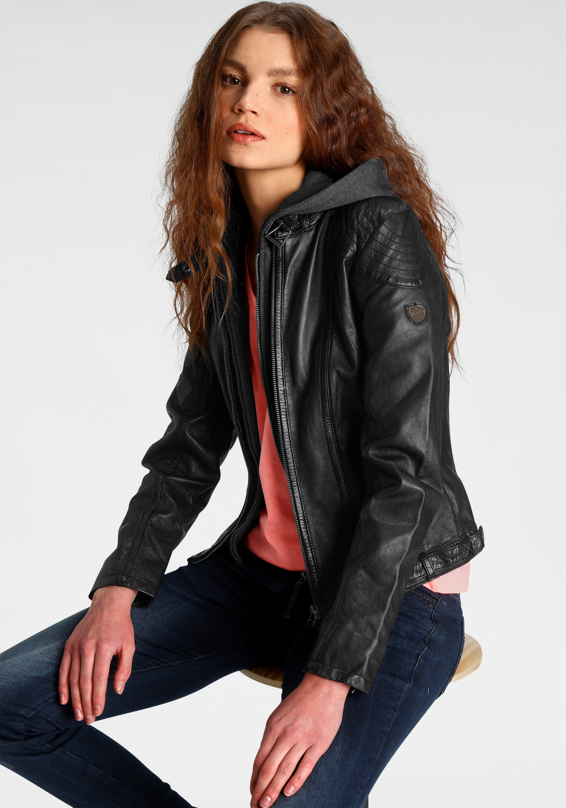 Mauritius Lederjacke "Cacey LEGV" mit Kapuze mti Kapuze, Reißverschluss, Zi günstig online kaufen