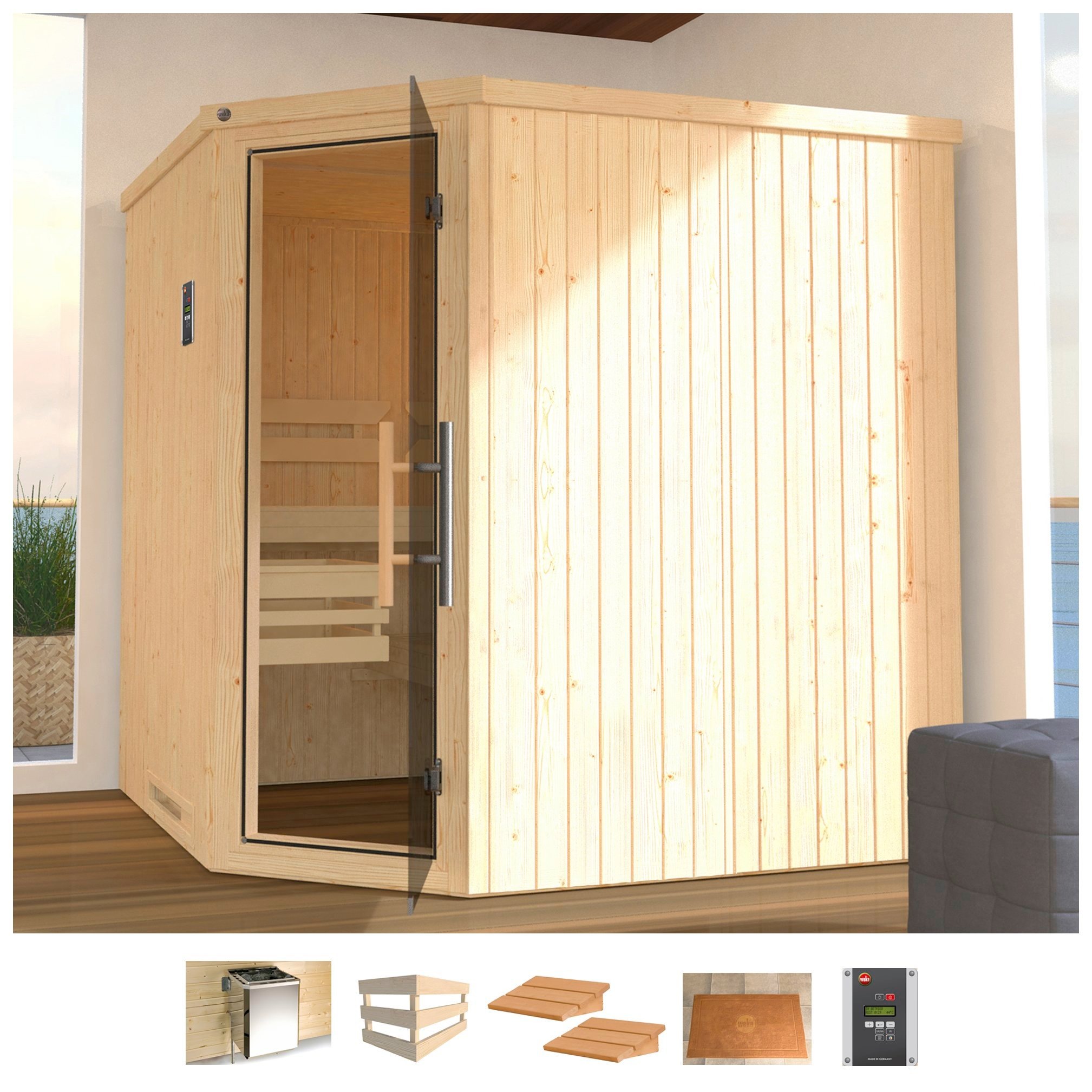 Sauna »Varberg 3«, 7,5 kW Bio-Ofen mit ext. Steuerung