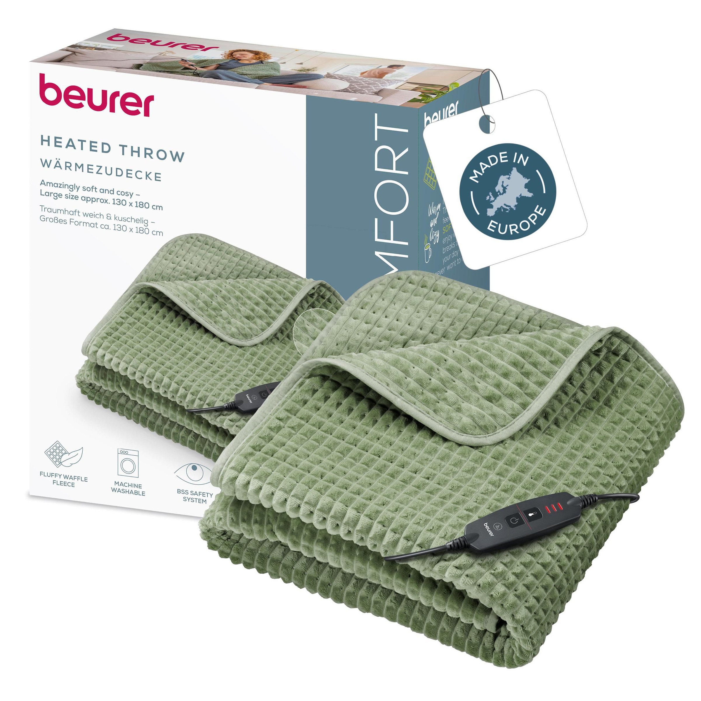 BEURER Heizdecke "HD 72 Waffle Sage Green mit 3 Temperaturstufen" Voluminöser Effekt und elegantes Design durch Waffelstruktur
