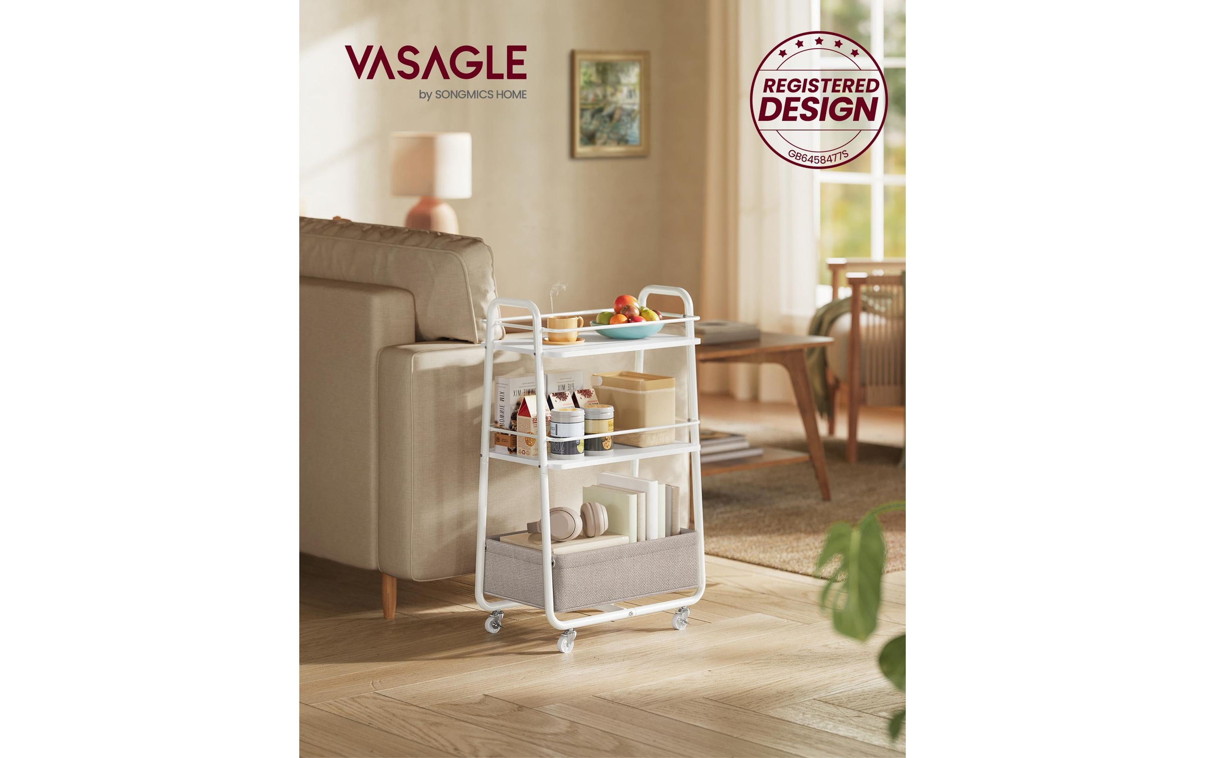 VASAGLE Rollwagen »30,4 x 81 cm,« Mobiler Allzweckwagen mit 3 Ebenen, Stoffkorb + feststellbaren Rollen
