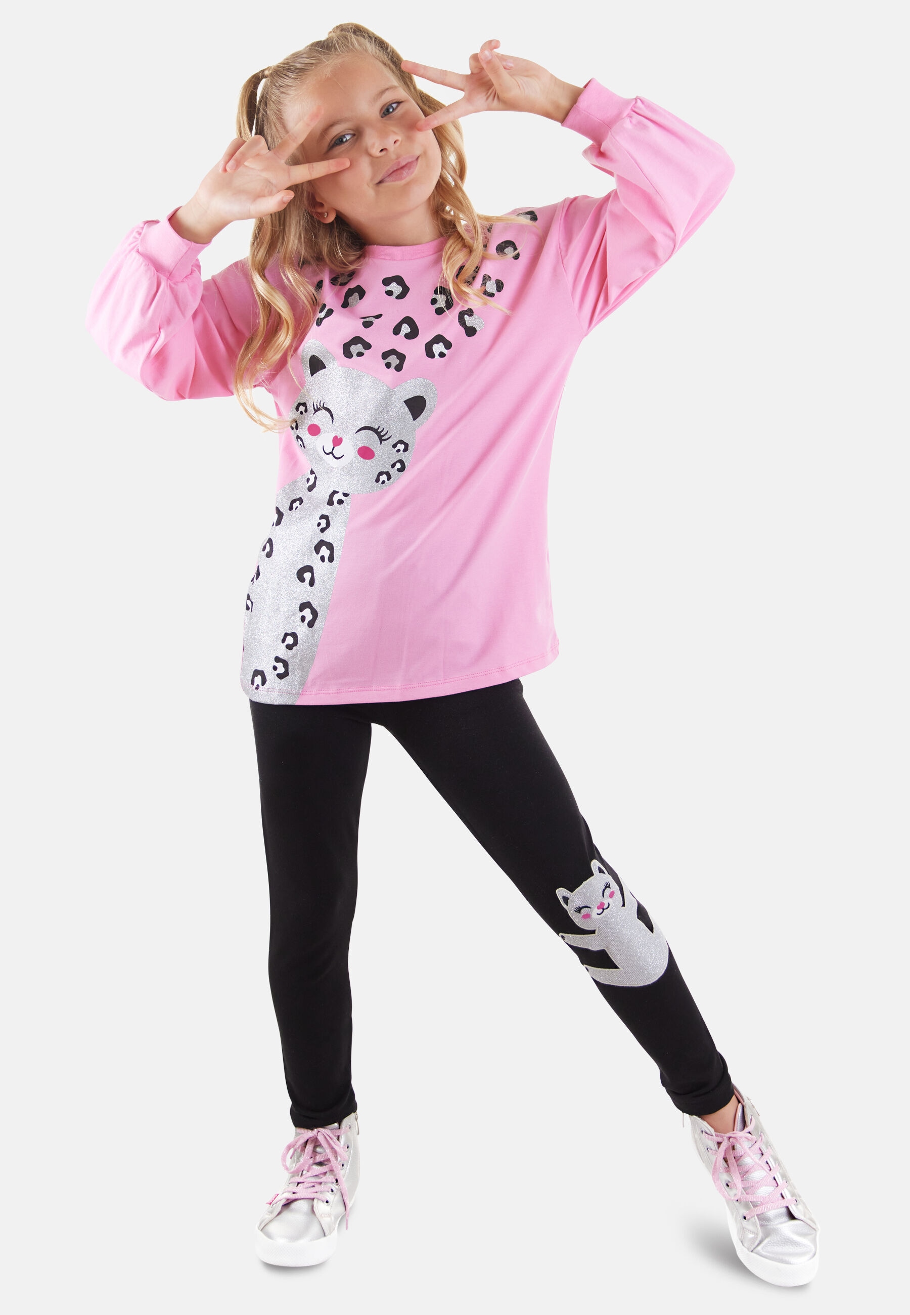 Denokids Hausanzug "Set Glitter Leo", mit Leopard-Motiv in Silber-Glitzer