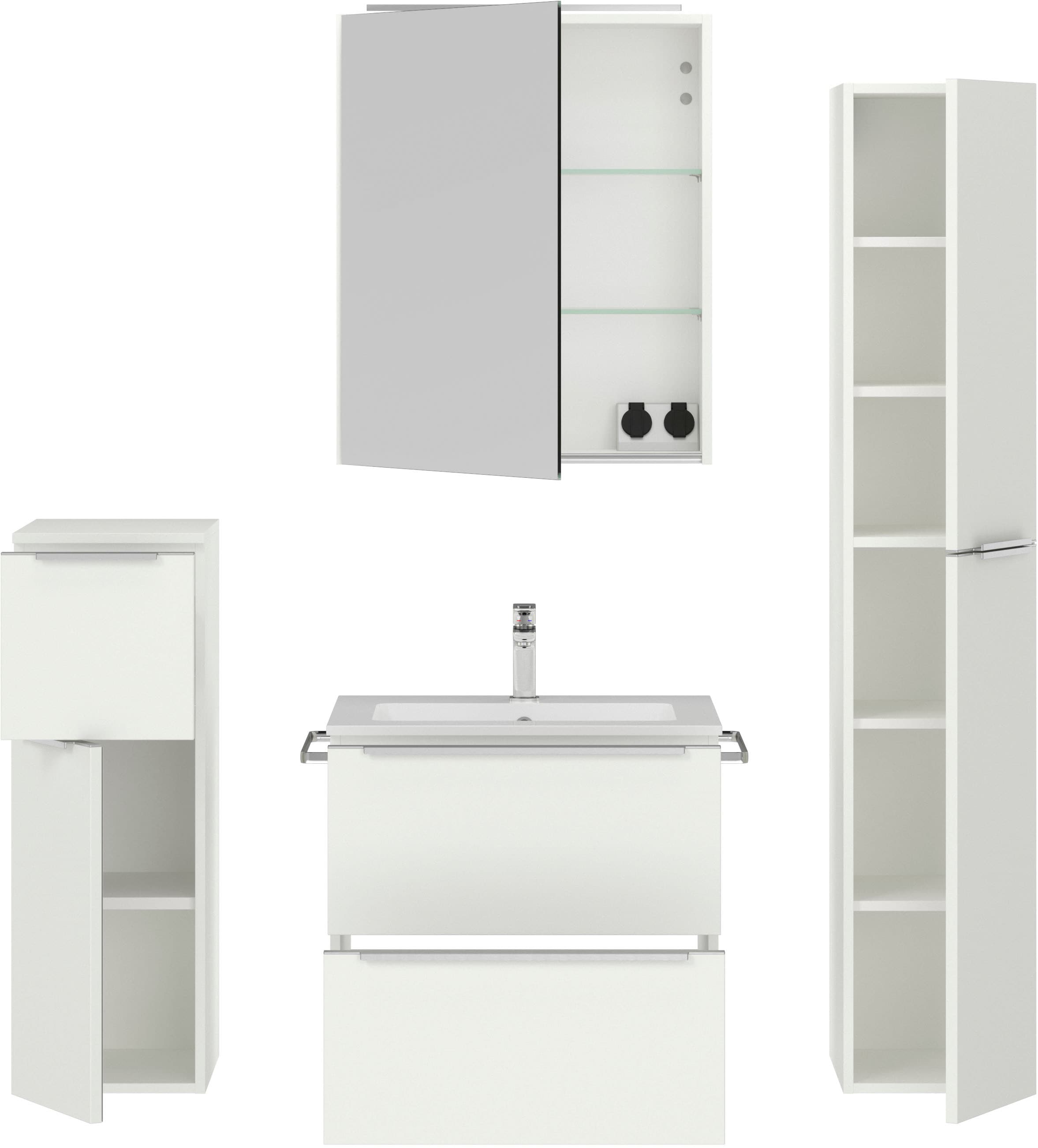 nobilia® Badmöbel-Set »Levere«, (4 St., vormontiert, mit Soft-Close), inkl. Spiegelschrank mit Beleuchtung und Dimmerfunktion, in 4 Breiten