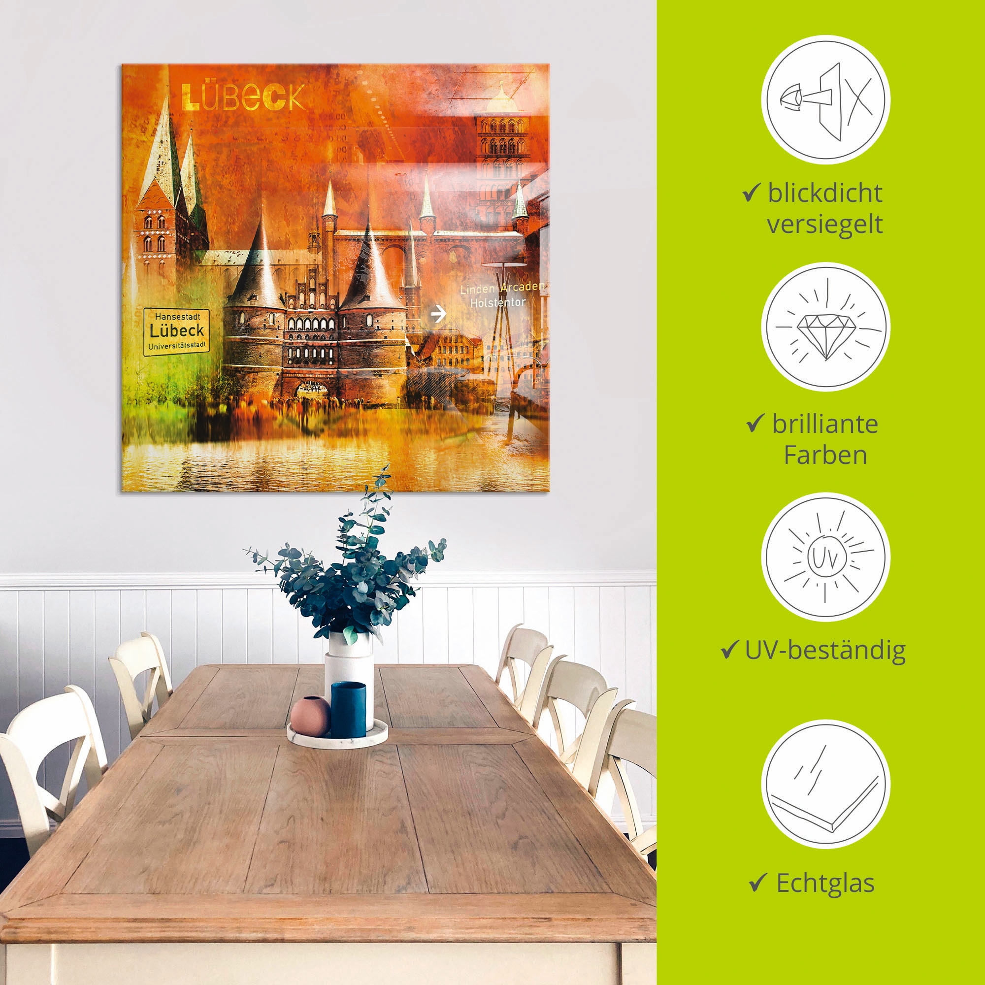 Artland Glasbild »Lübeck Hansestadt Collage 04« Architektonische Elemente 1 Stk. tlg. in verschiedenen Größen