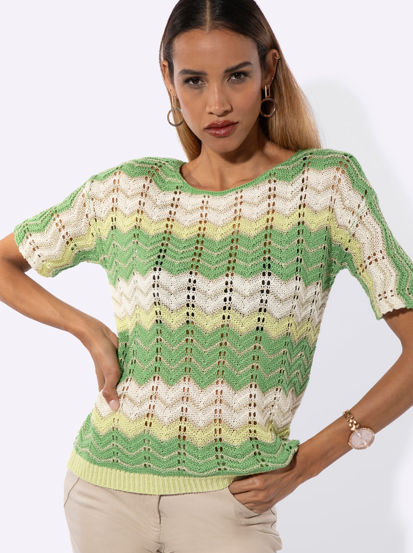 creation L Rundhalspullover »Ajour-Pullover«