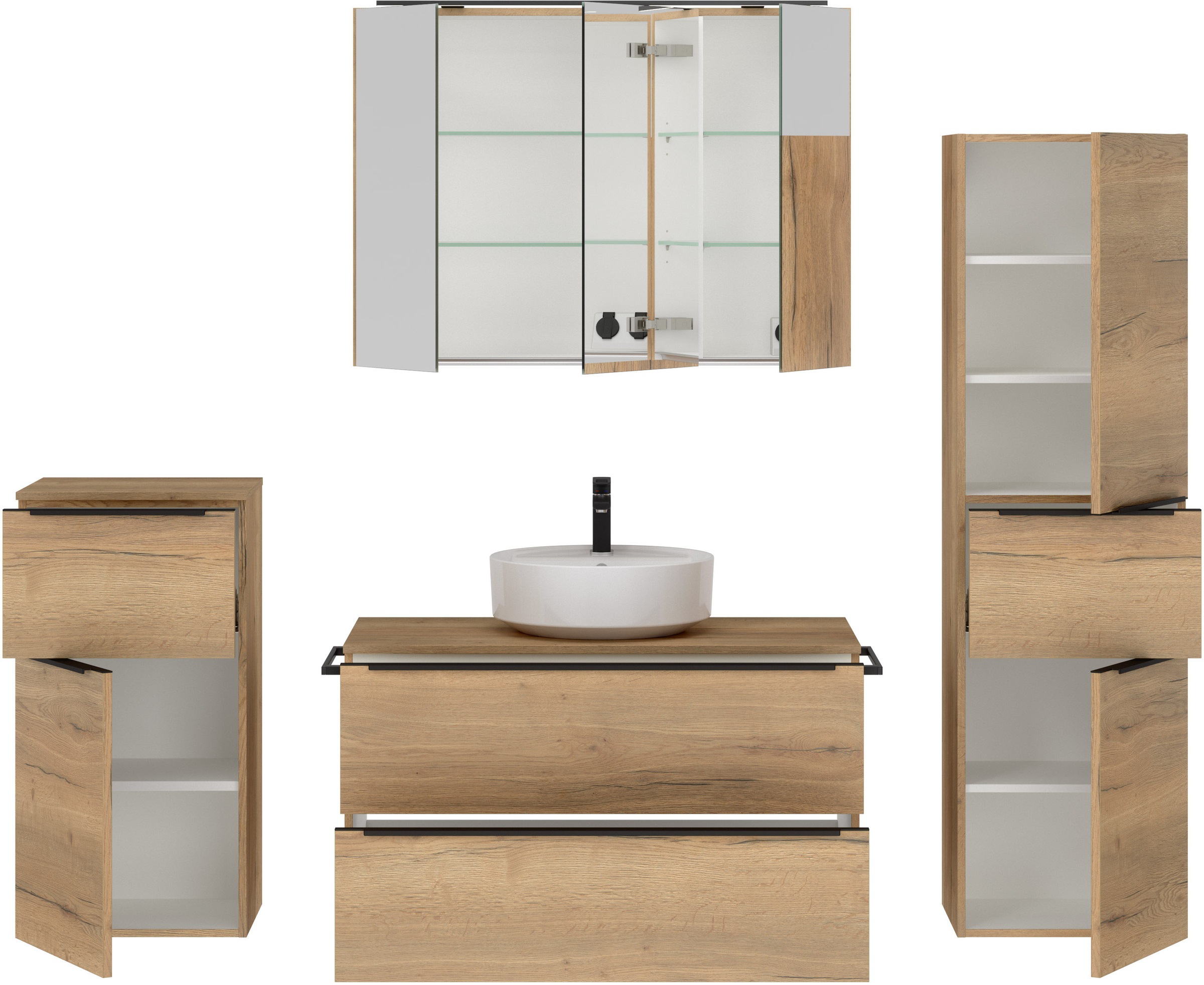 nobilia® Badmöbel-Set »Alvene«, (4 St., vormontiert, mit Soft-Close), inkl. Spiegelschrank mit Beleuchtung und Dimmerfunktion, in 4 Breiten