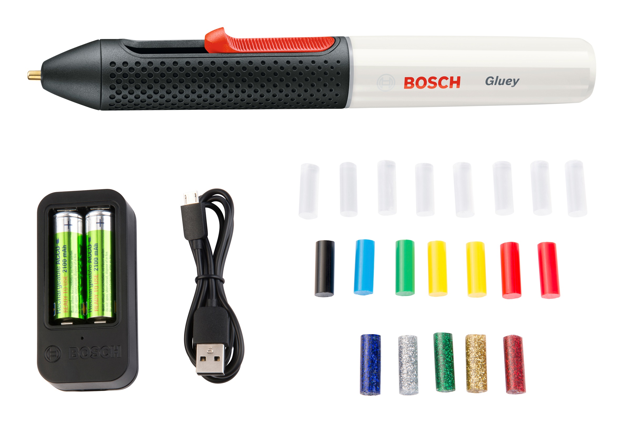 Bosch Home & Garden Heißklebestift "Gluey, pink", (USB-Ladegerät & -Kabel, 2x1,2 V HR06 (AA) Akkus), inkl. 20 Mini-Klebe