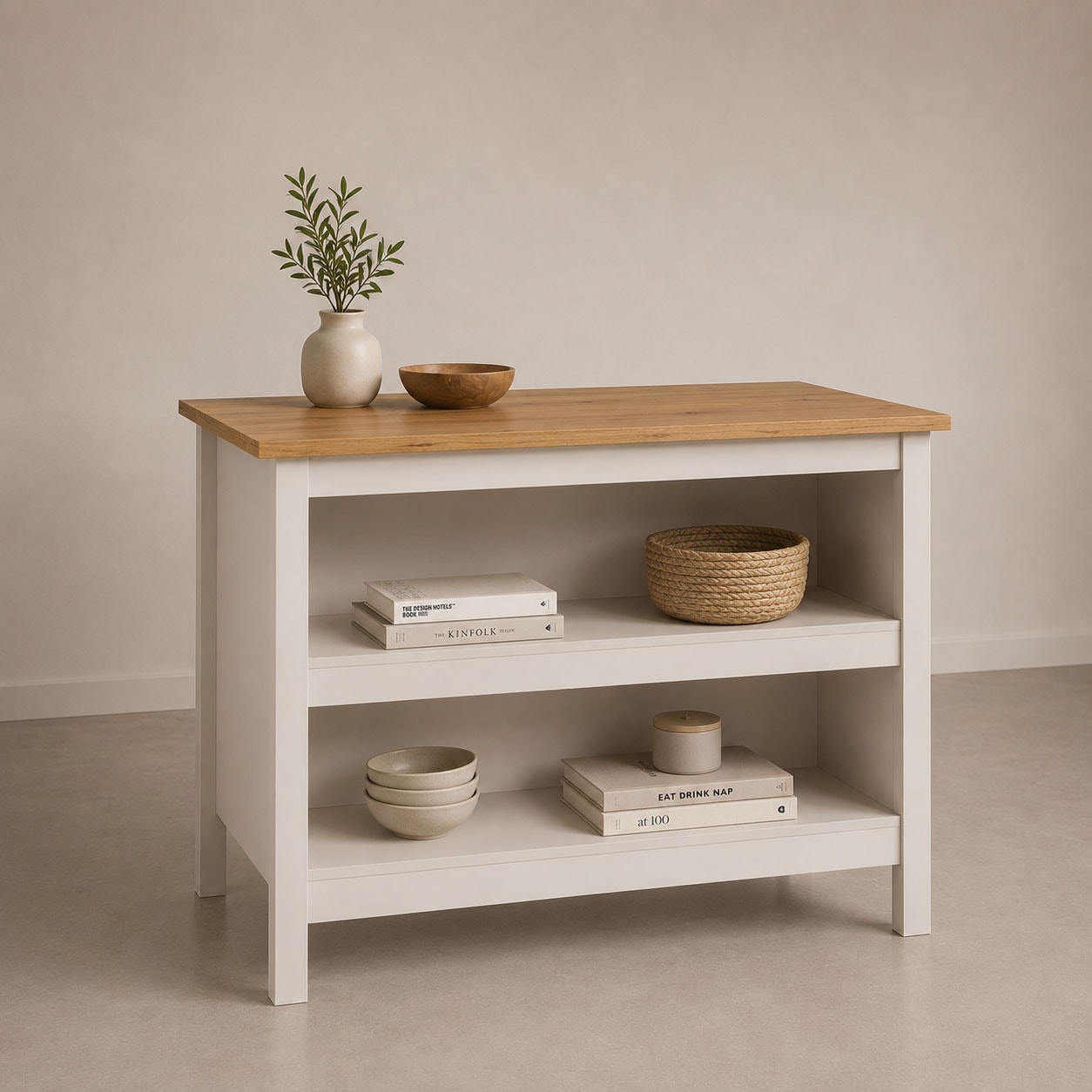 Inter Link Bartisch "Pienza, multifunktional für Küche & Essbereich, im Skandi Look" 1 Stk. tlg. Kücheninsel mit Regalböden, Platz für 2 Hocker, Kaschmir, 124x75x91 cm