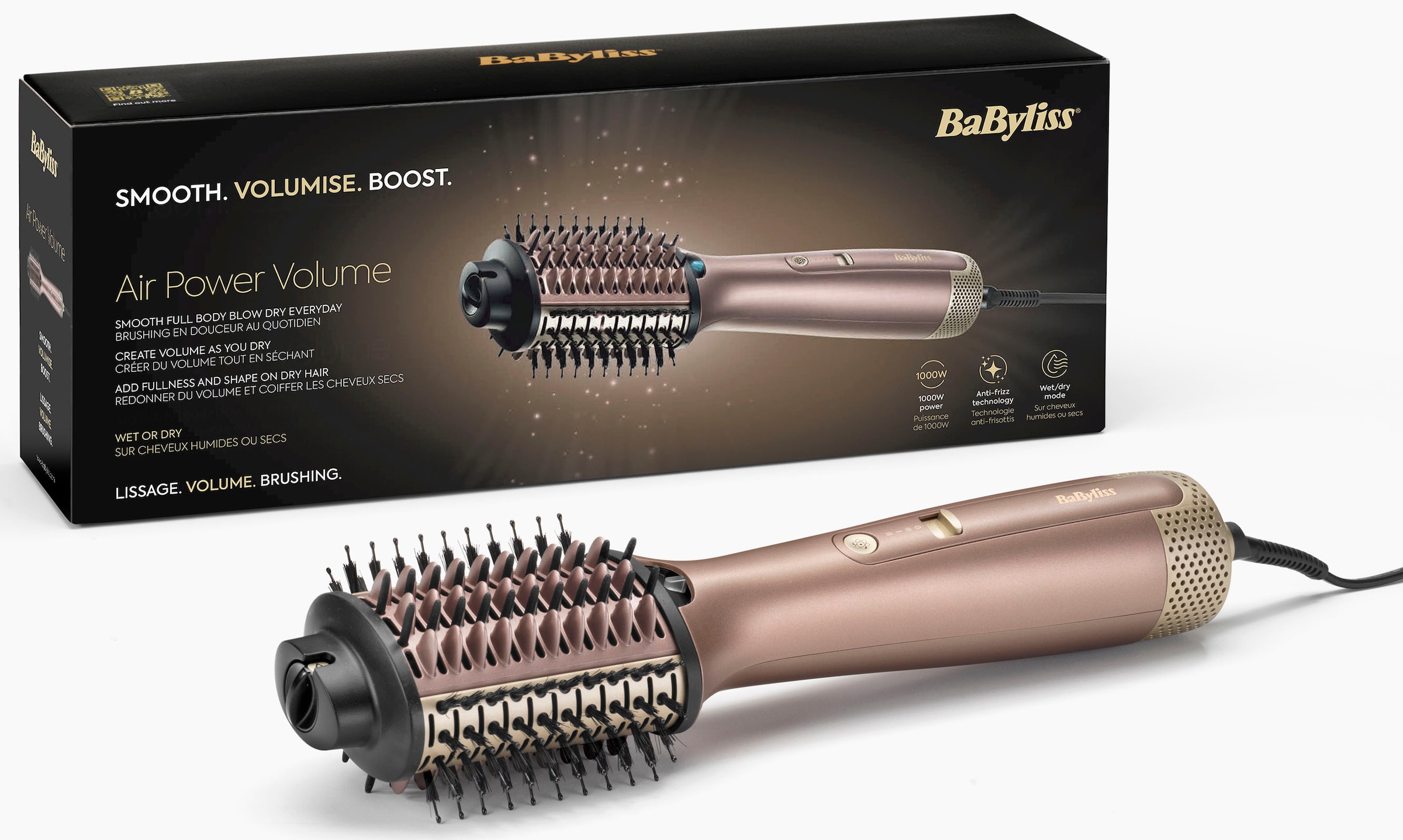 BaByliss Warmluftbürste »Air Power Volume AS95E«, 2-in-1 Warmluft- und Heizbürste, WET/DRY Modi, ovale Bürste für Glanz