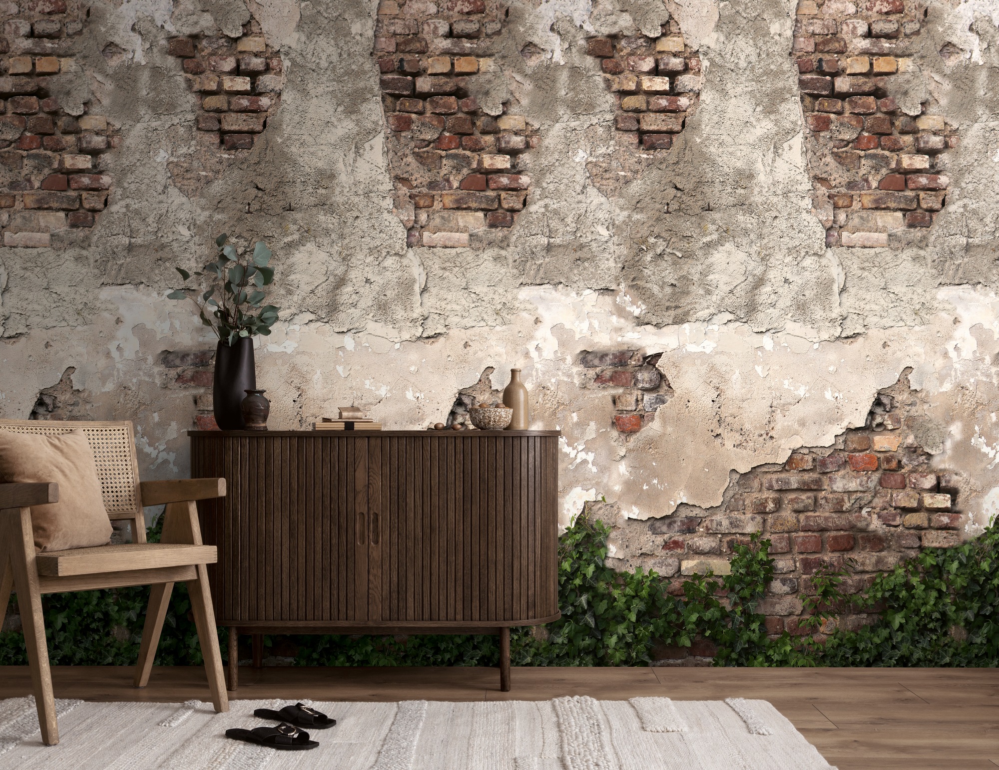 living walls Fototapete "The Wall 4 Eyecatcher – Steinwand mit Efeublättern Vlies-Fototapete" Steinoptik matt naturalistisch leicht strukturiert Steinwand mit Efeublättern – dekorativer Tiefenwirkung
