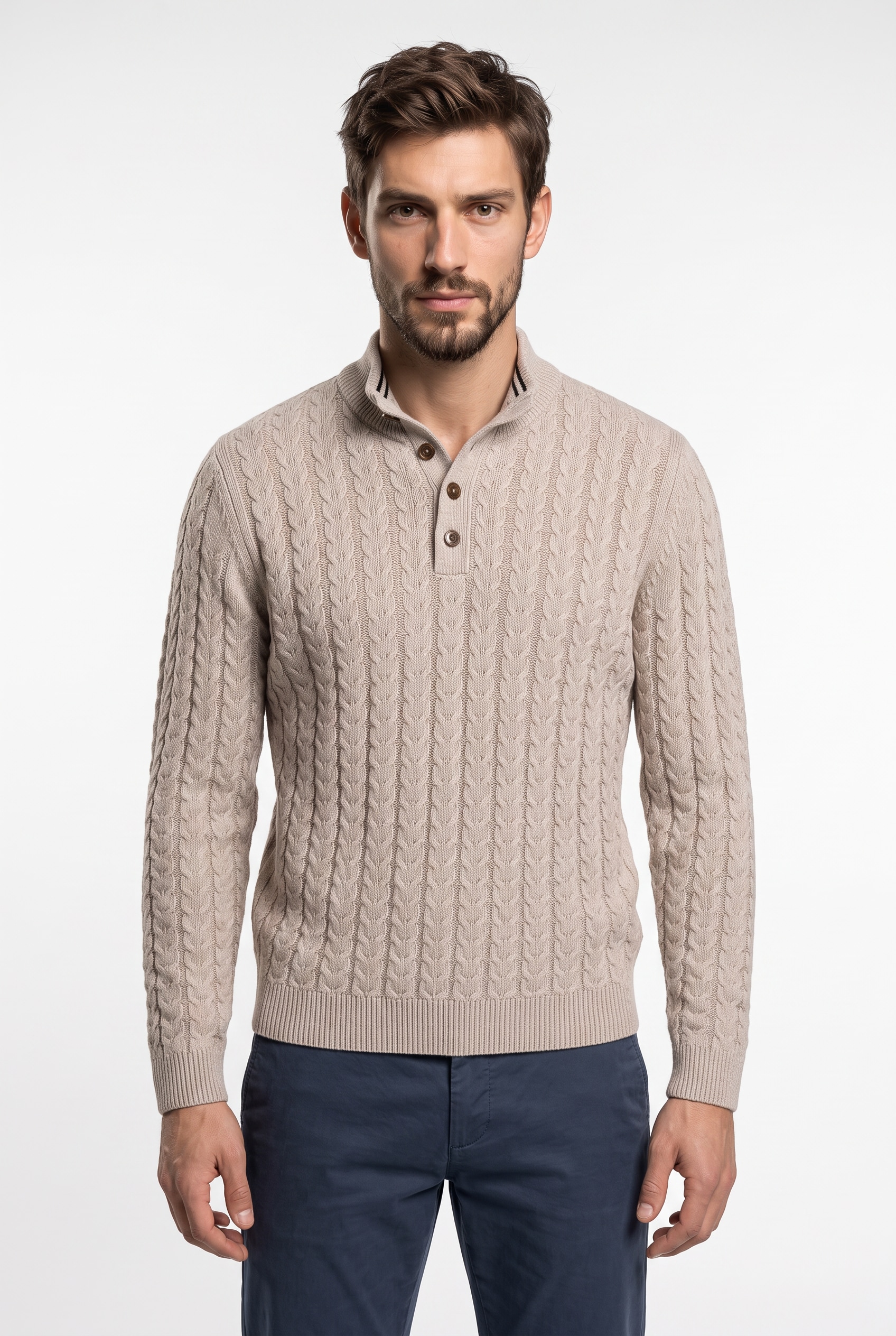 FYNCH-HATTON Strickpullover mit Zopfmuster und Knopfleiste, Woll-Anteil