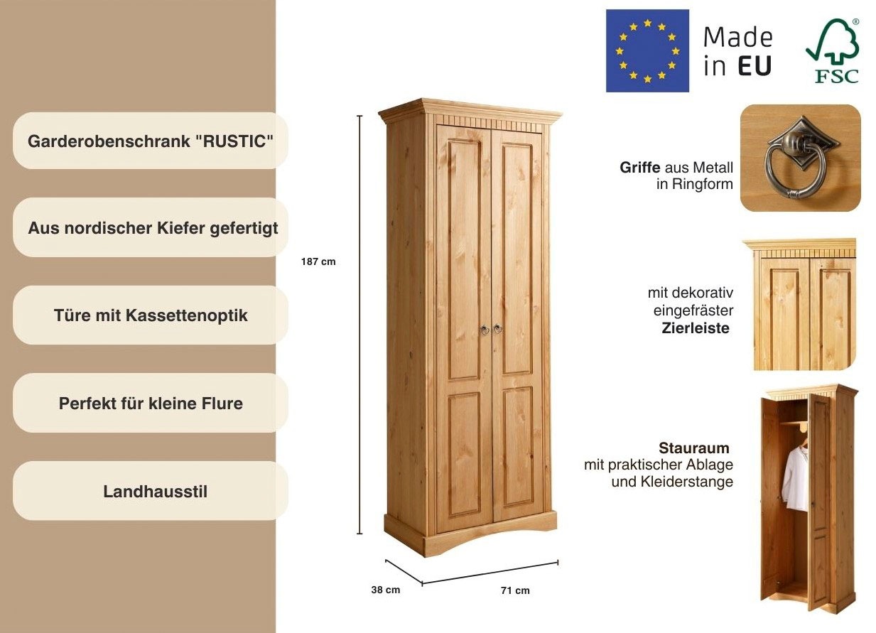 Thumbnail - Home affaire Garderobenschrank "Rustic", aus massiver Kiefer, Breite 71 cm, mit Kassetenoptik