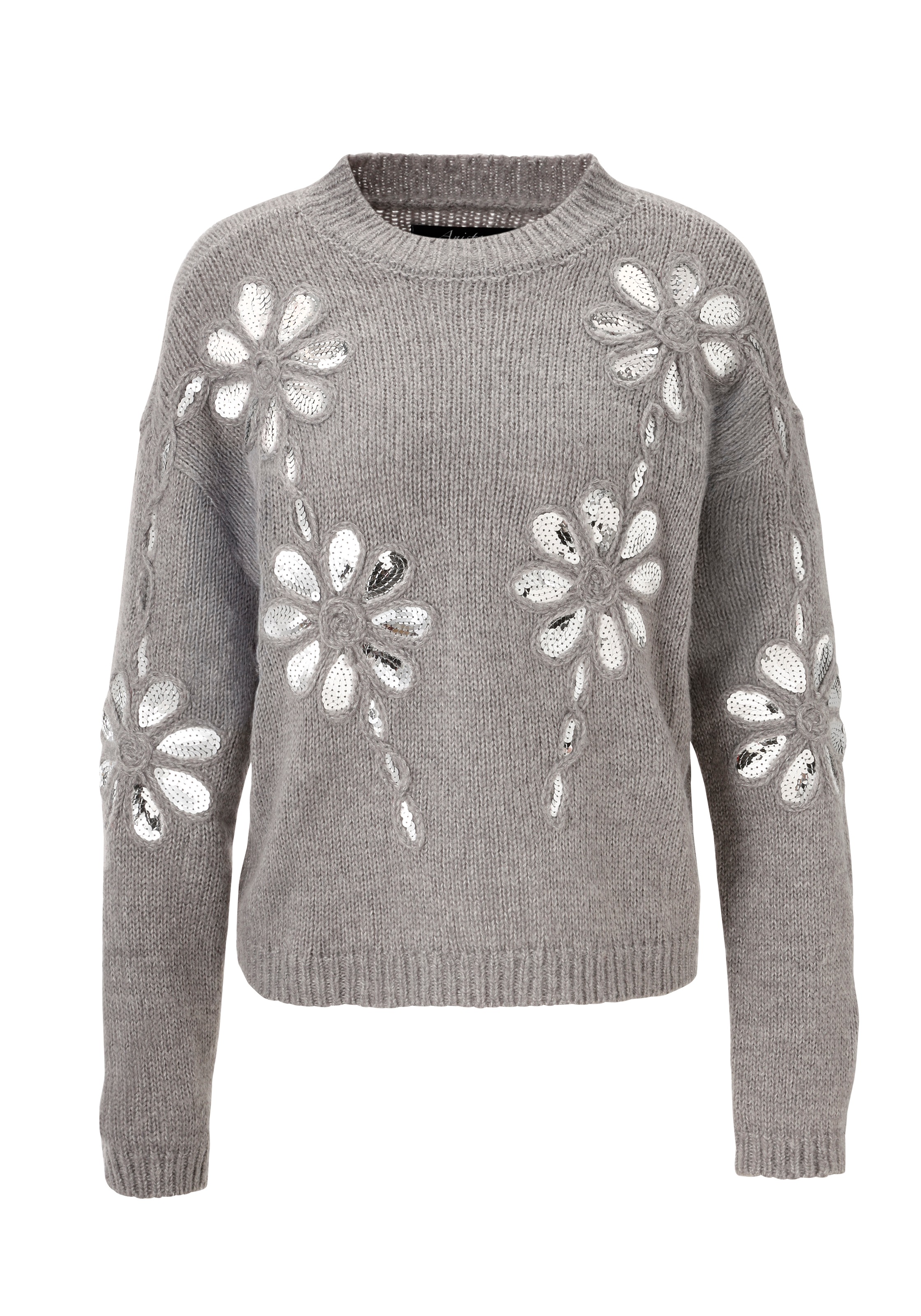 Aniston CASUAL Strickpullover, mit Pailletten verzierte Blüten-Applikationen - NEUE KOLLEKTION