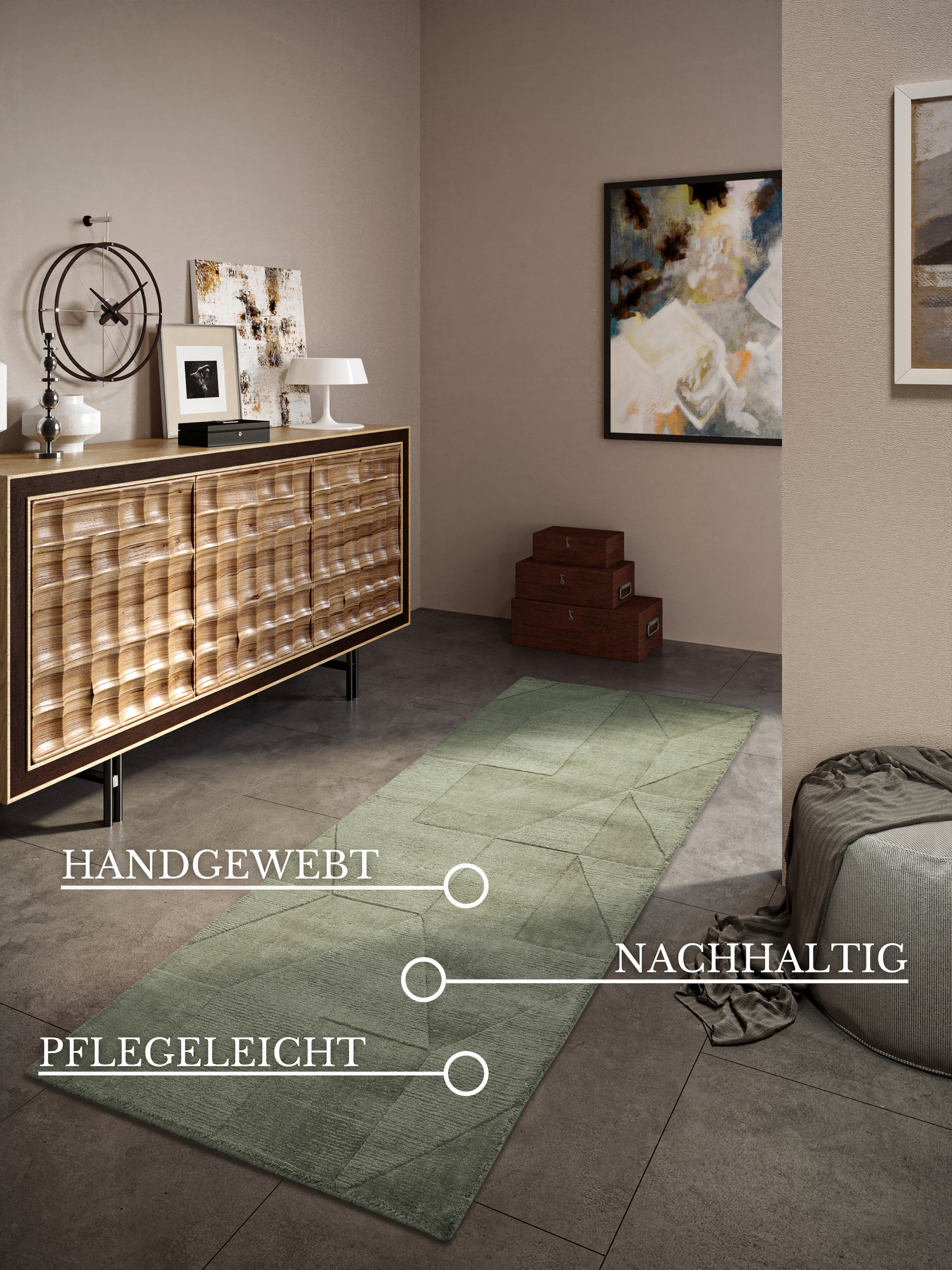 Villeroy & Boch Wollteppich »Ursule«, rechteckig, 10 mm Höhe, Läufer, handgewebt, Wolle, Natur, Wohnzimmer, Geometrie, Boho