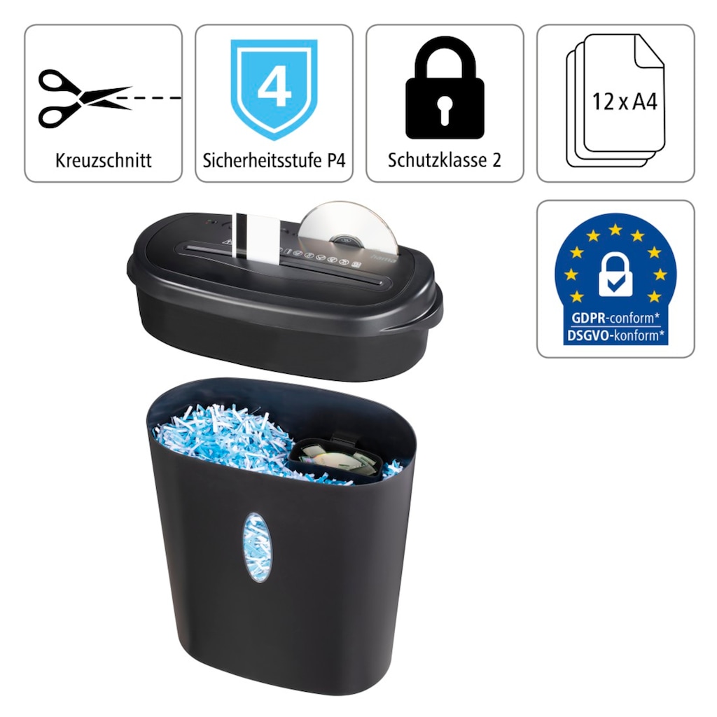 Hama Aktenvernichter »Aktenvernichter für Chipkarten, Magnetstreifen, Papier, Plastikkarten«, Blu-ray, CD, DVD, 12 Blatt, Schredder, 21 Liter Korb, separater Einzug