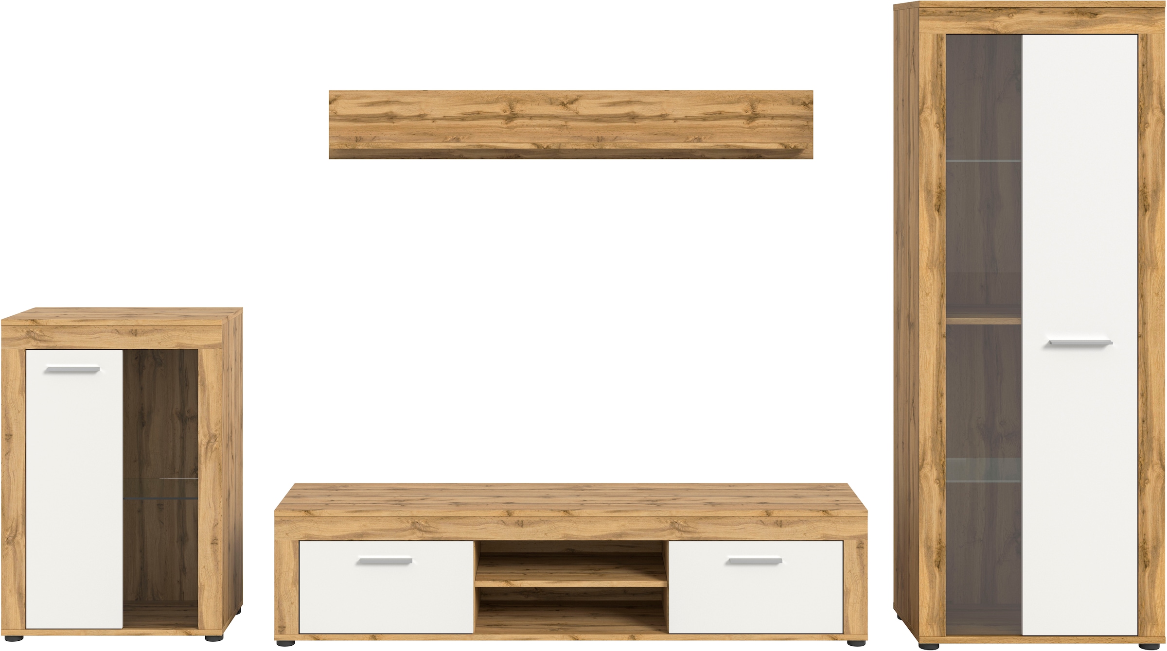 INOSIGN Wohnwand »Aosta, 4-tlg., best. aus: Vitrine, Lowboard, Wandboard & Vitrine hoch«, (4 St.), Wohnwand, Kombination, Anbauwand, Möbel Set, Schrankwand, Möbel Kombi