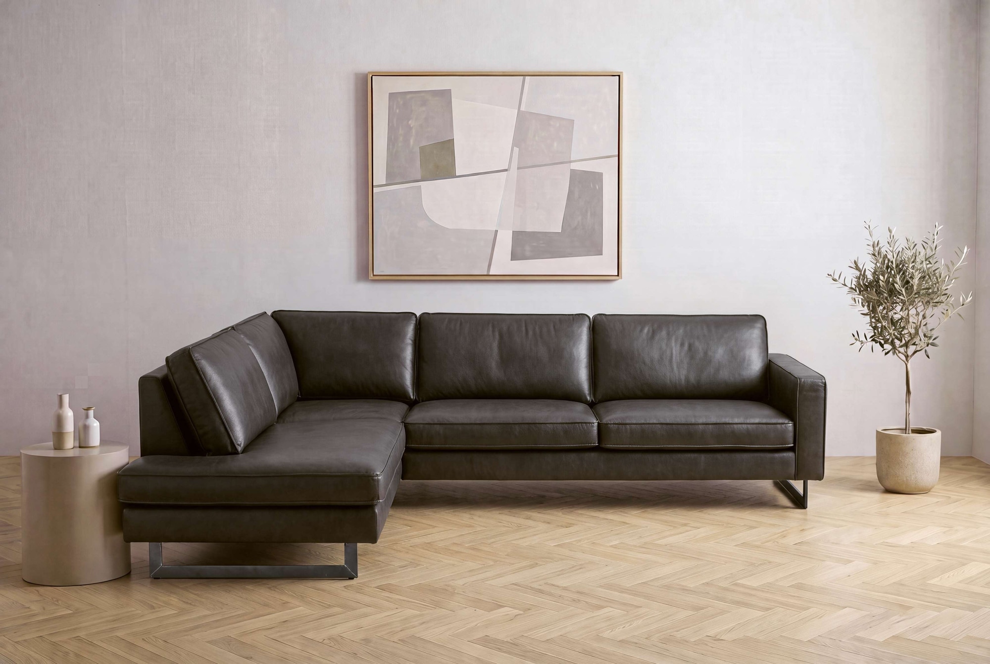OTTO home Ecksofa "Pinto, 290 cm, Cord, Chenille, Lederoptik, Ottomane links / rechts" mit Keder, schwarze Metallfüße, Wellenunterfederung