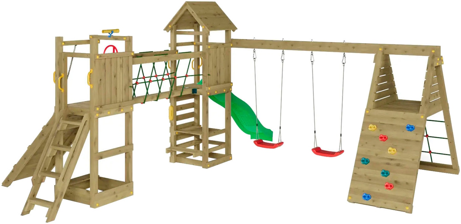 FUNGOO Spielturm »Maxi Funny Carnival«, (Packung), Spielturm mit Rutsche, Schaukeln, Kletterwand und Seilbrücke
