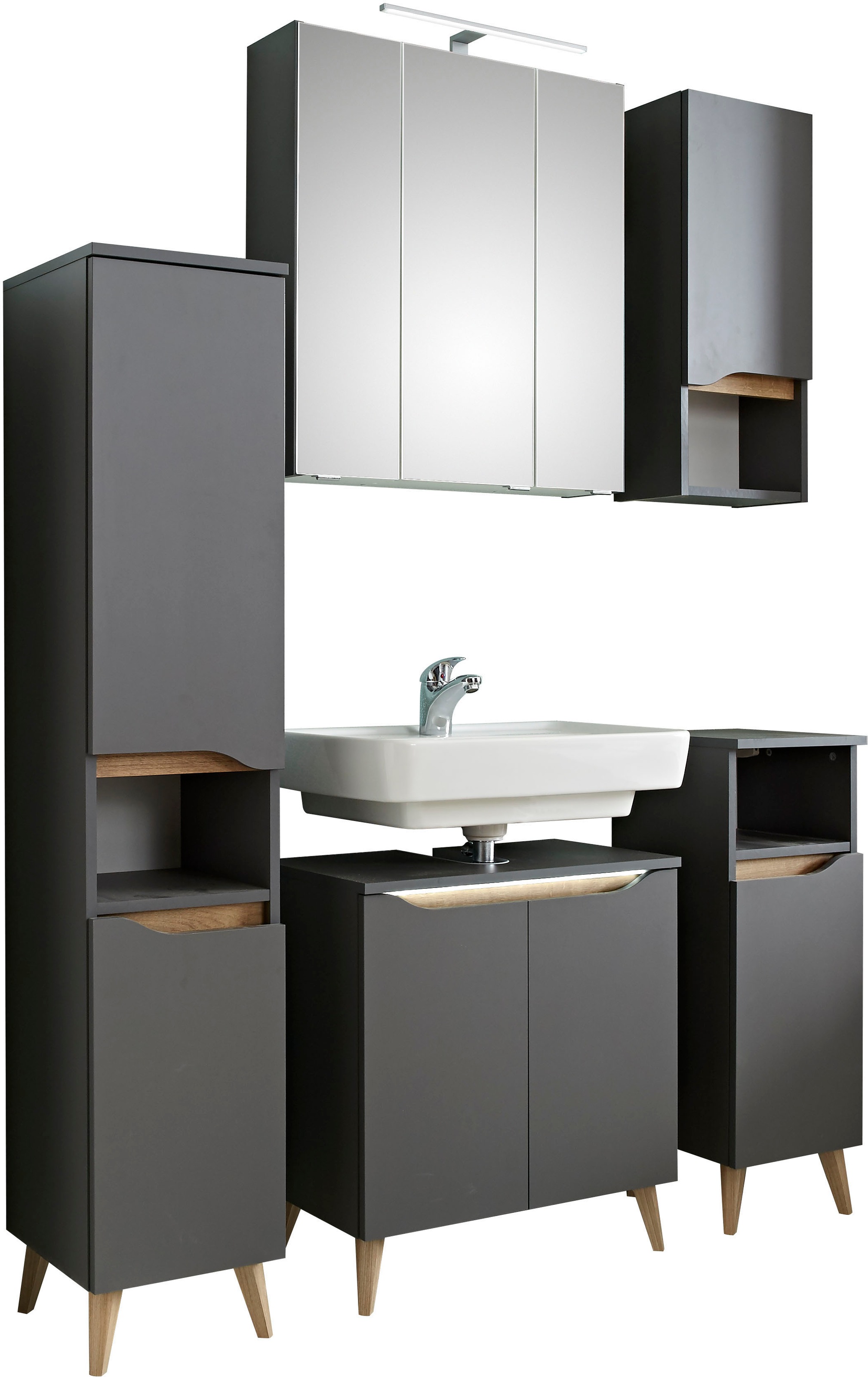 Saphir Badmöbel-Set »Quickset 5-teilig, Waschbeckenunterschrank mit LED-Spiegelschrank«, (6 St.), Midischrank, Unterschrank, Hängeschrank, inkl. Türdämpfer, 9 Türen