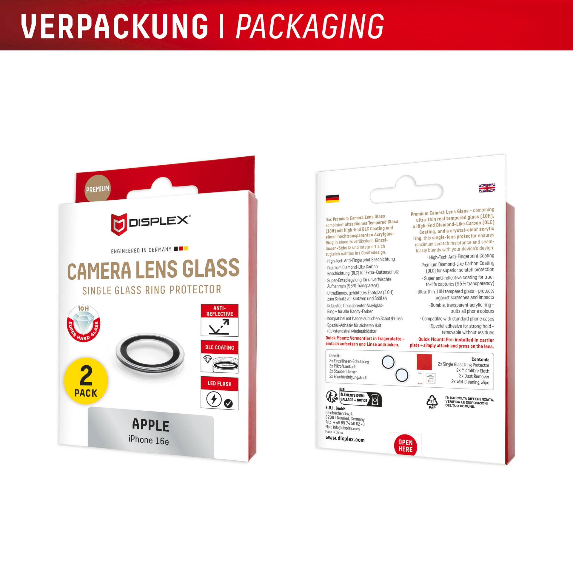 Displex Kameraschutzglas »Camera Lens Glass Single Glass Ring Protector«, für Apple iPhone 16e, (Packung, 2x Einzellinsen-Schutzringe), Objektivschutz, Kameraschutz, kratz- & stoßfest