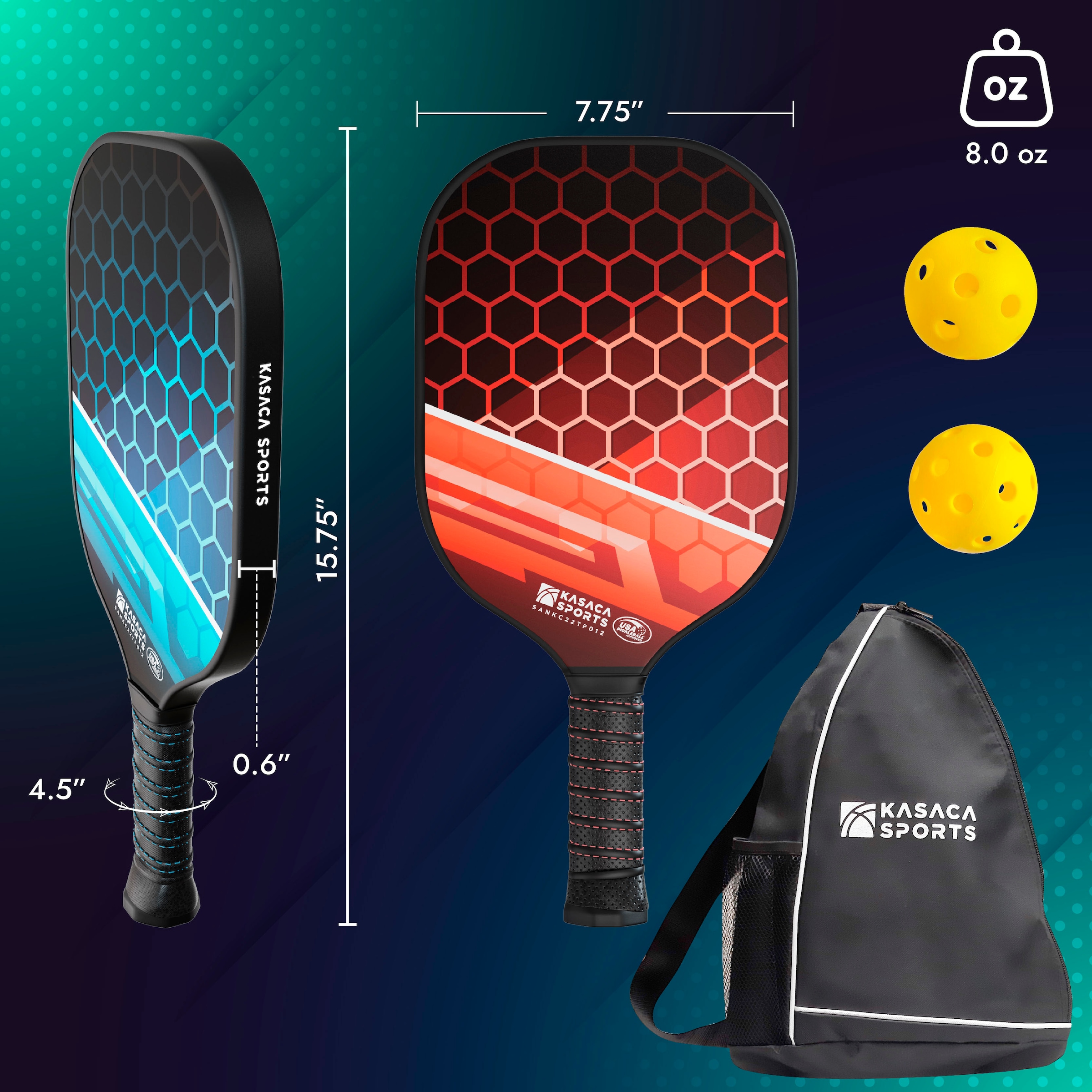 KASACA Pickleballschläger »Pickleball-Schläger 2er Set AMOR«, (Set, 7 tlg., mit 2 Pickleball-Schlägern, 4 Bällen & Tragetasche)