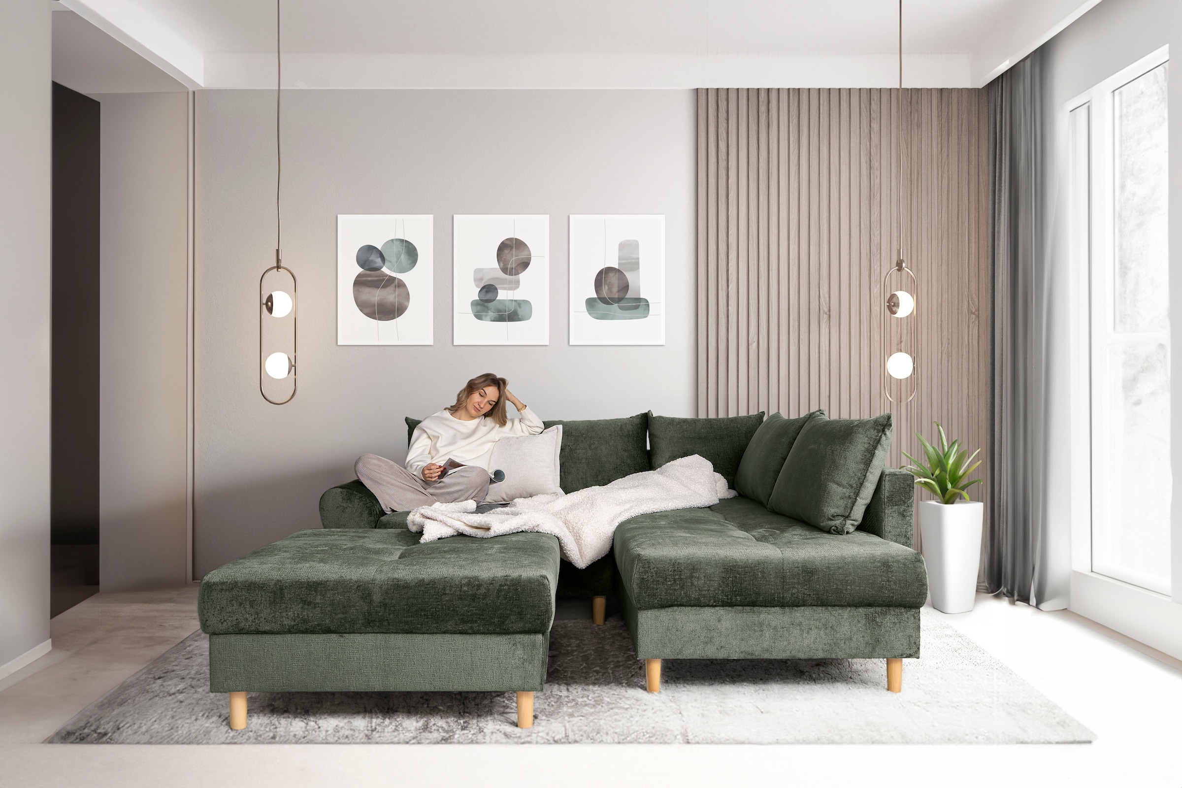 COLLECTION AB Ecksofa »Reims L-Form«, Ottomane beidseitig montierbar, inkl. Bettfunktion und Hocker