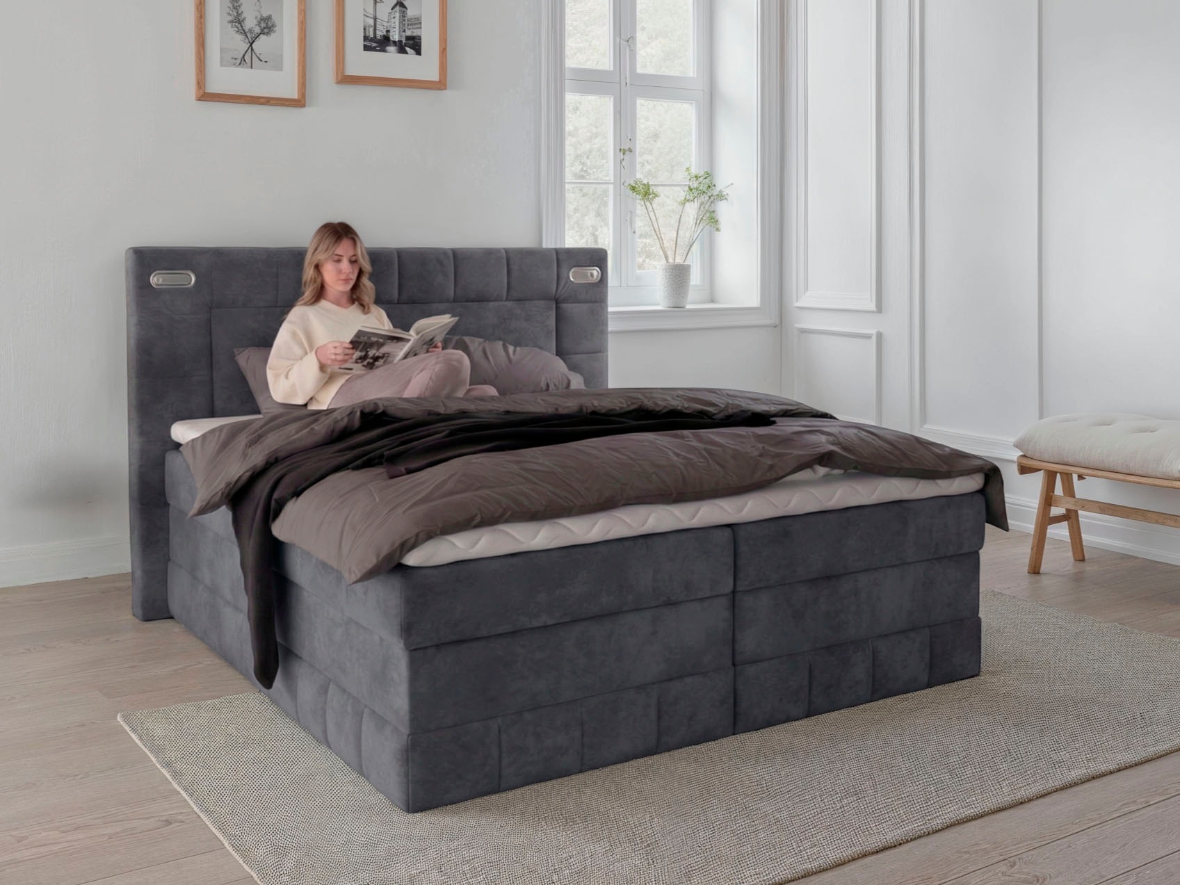 OTTO home Boxbett "PHILIPPA, Polsterbett mit Bettkasten, mit Taschenfederkernmatratze H3" mit Kaltschaum-Topper, Microfaser-Bezug, wahlweise mit LED-Beleuchtung