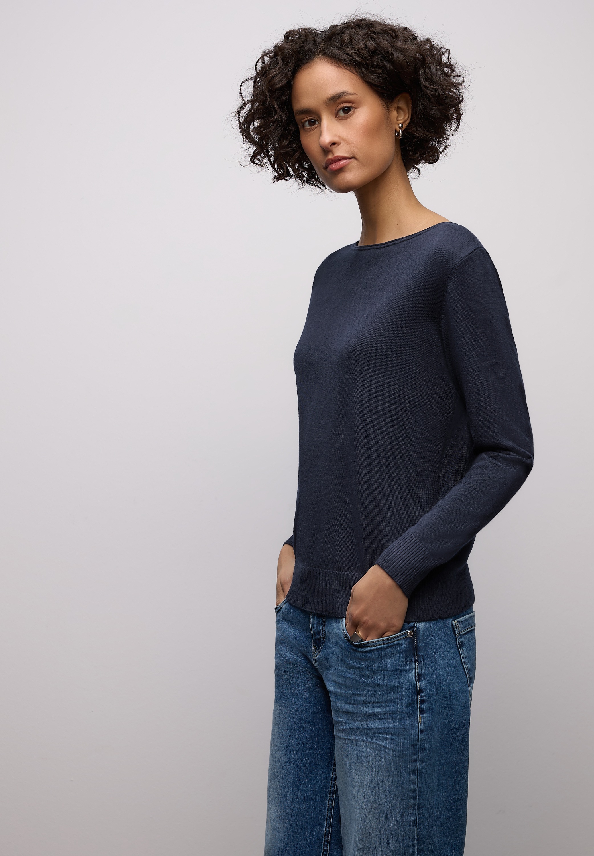 Longpullover STREET ONE, Damen, Gr. 40, tiefblau, Stoff, 86% Viskose, 14% Polyester, unifarben, comfort fit normal, U-Boot-Ausschnitt, Bündchen, Pullover Longpullover, mit Strick-Detail
