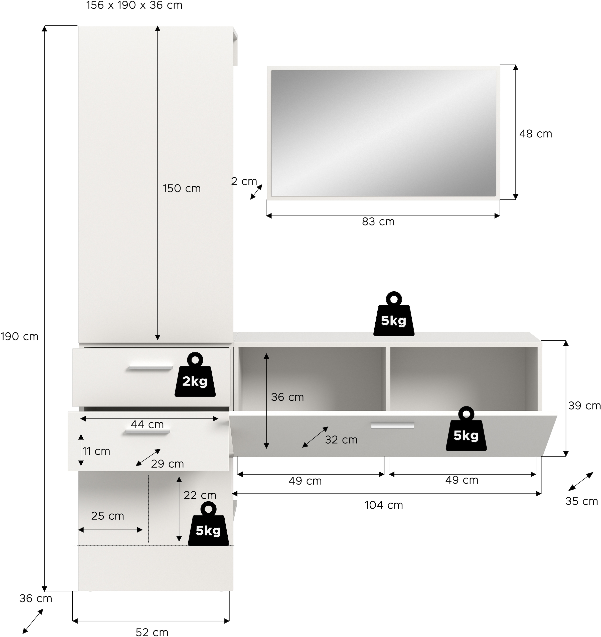 INOSIGN Garderoben-Set, (Set, 3 St.), Lumo, Garderobenset Breite 156 cm, Spiegel, 2 Schubladen, Flur, Diele