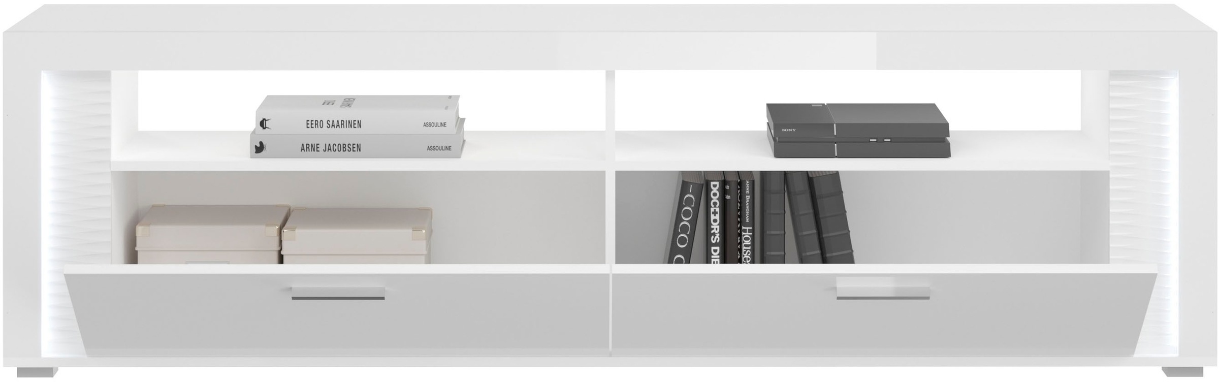 Thumbnail - Home affaire Lowboard "Viborg, Breite 201 cm, inkl. vertikaler Frontbeleuchtung, 2 Klappen" je 2 offene & geschlossene F...