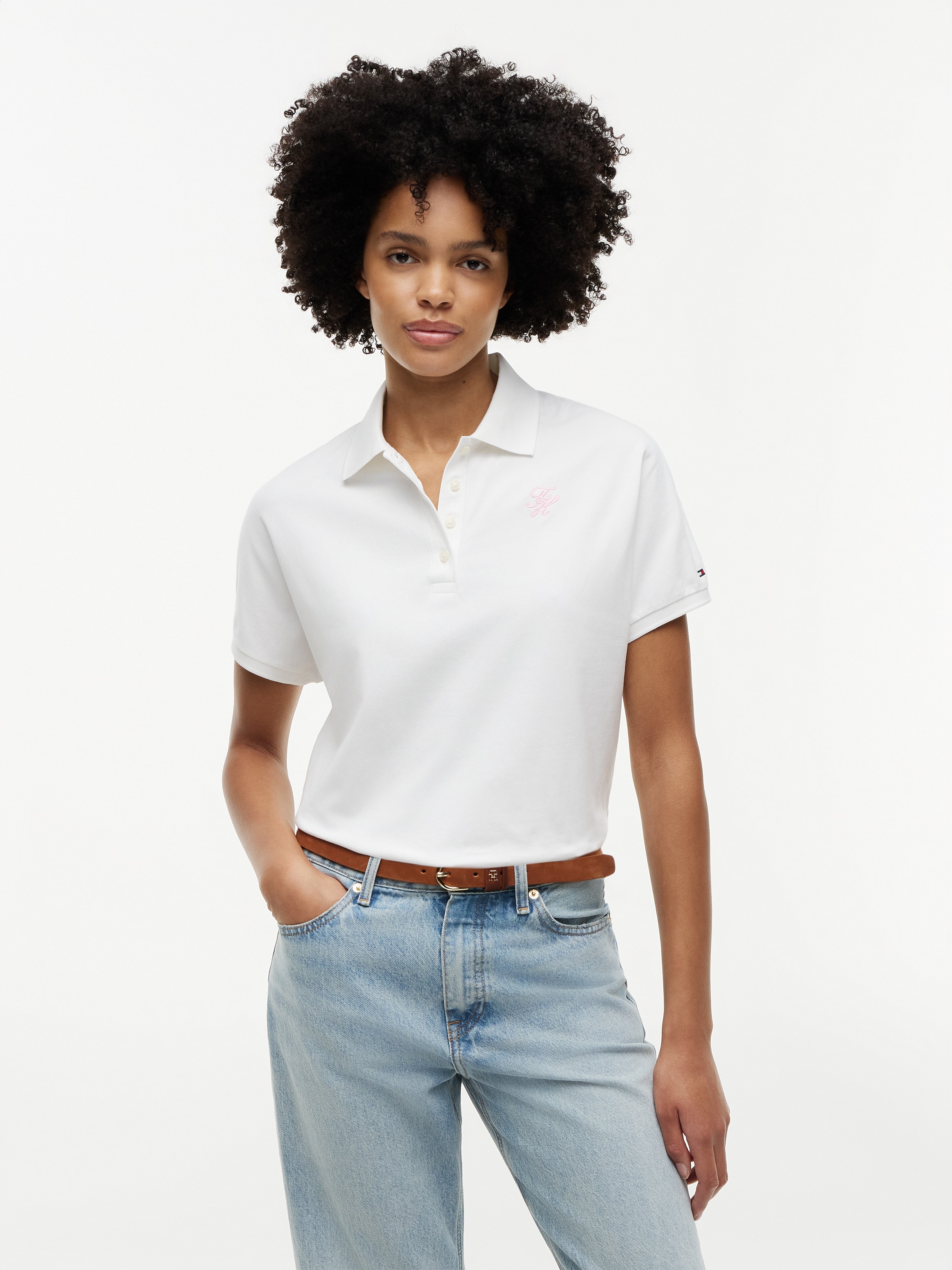 Tommy Hilfiger Poloshirt "TH SCRIPT MODERN SS POLO" Baumwollmischung, Polokragen, kurze Knopfleiste