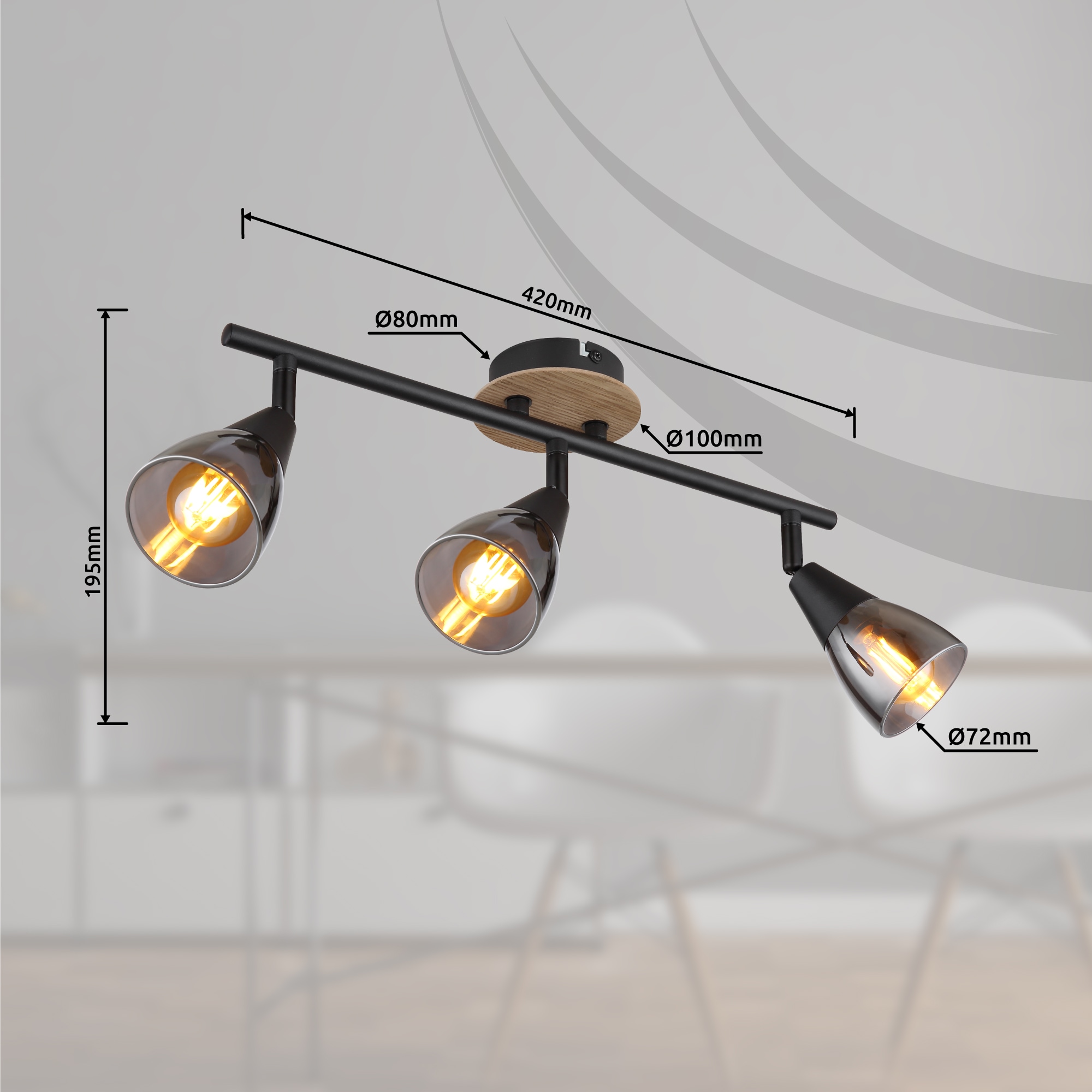 GLOBO LIGHTING Deckenstrahler »MUBBY«, Leuchtmittel E14 | ohne Leuchtmittel, Deckenspot/schwarz/Holz/Glas rauchfarben/Flur/Wohnzimmer