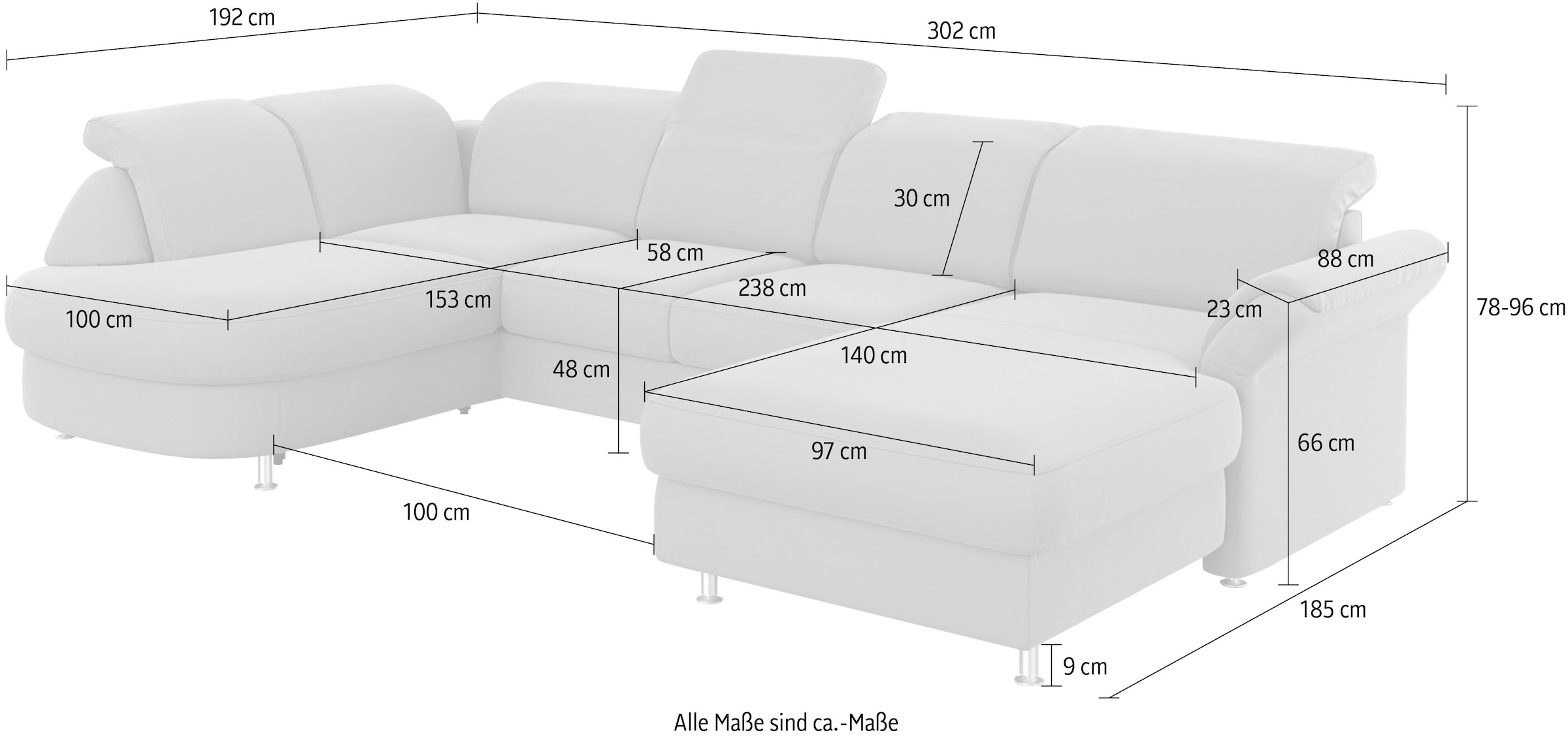 sit&more Wohnlandschaft »Apulia U-Form«, wahlweise Bettfunktion, Bettkasten und Kopf- und Armteilverstellung