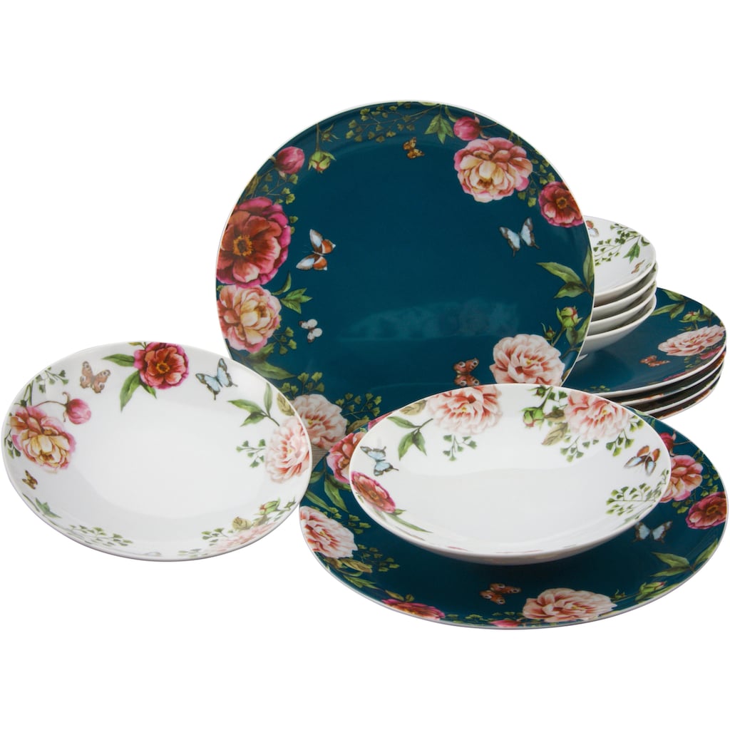 CreaTable Tafelservice »Teller Set, Geschirr-Set Enjoy Roses«, (Set, 12 tlg., Teller Set für 6 Personen)