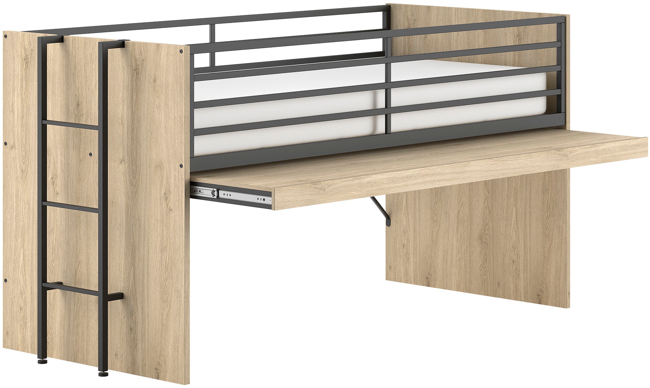 Vipack Hochbett »Sam, schlafen und arbeiten in einem, wahlweise Eiche- oder Weiß-Dekor« Liegefläche 90x200 cm, darunter eine große ausziehbare Schreibplatte,  Inkl. Absturzschutz u. Leiter, pflegeleichte Dekor Oberfläche