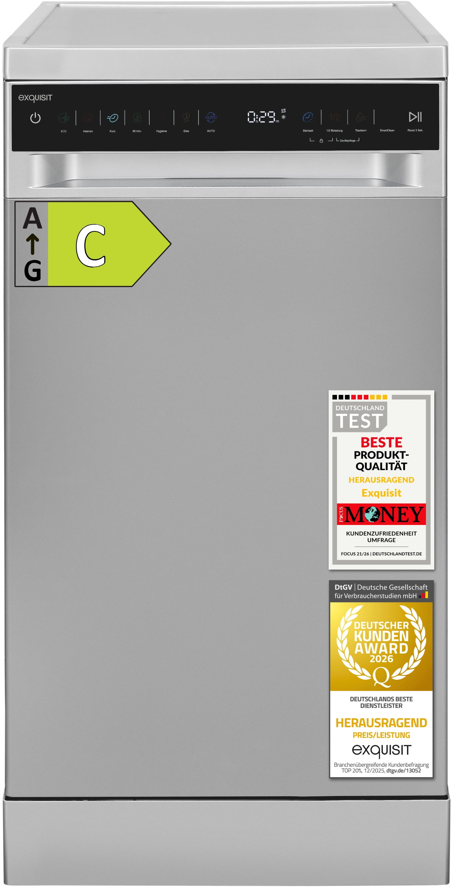 exquisit Standgeschirrspüler 9310 »GSP9311-450C silber« 8,3 l 10 tlg. Maßgedecke 10 Maßgedecke, 7 Programme, LED, Besteckkorb, Auto Door Open, AquaStop