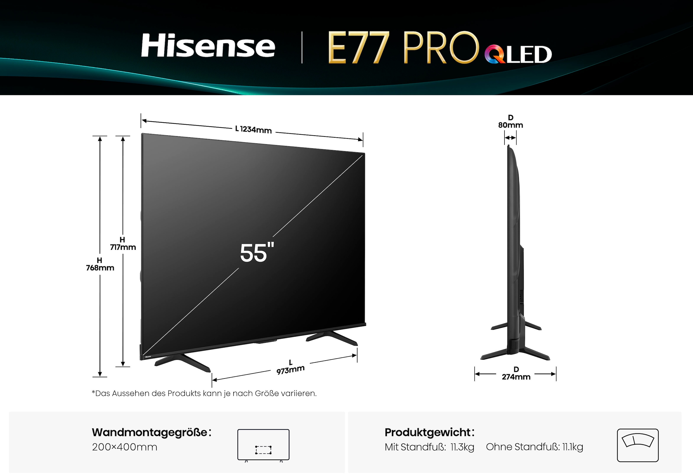 Hisense QLED-Fernseher »55E77Q PRO«, 4K Ultra HD, Smart-TV, 4K UHD QLED