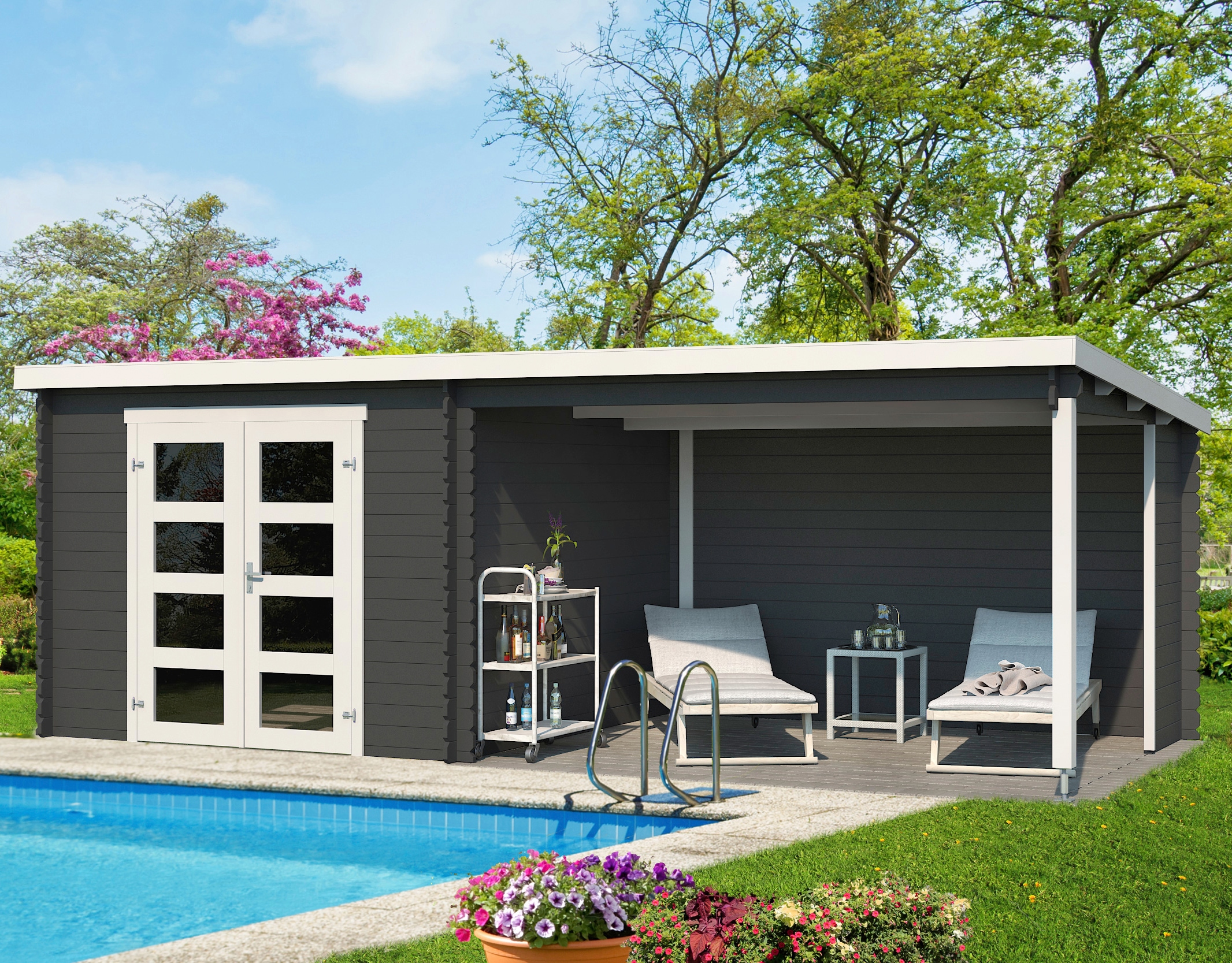 LASITA MAJA Gartenhaus "Novia 275 Plus" Blockbohlenhaus 28mm, mit Anbau