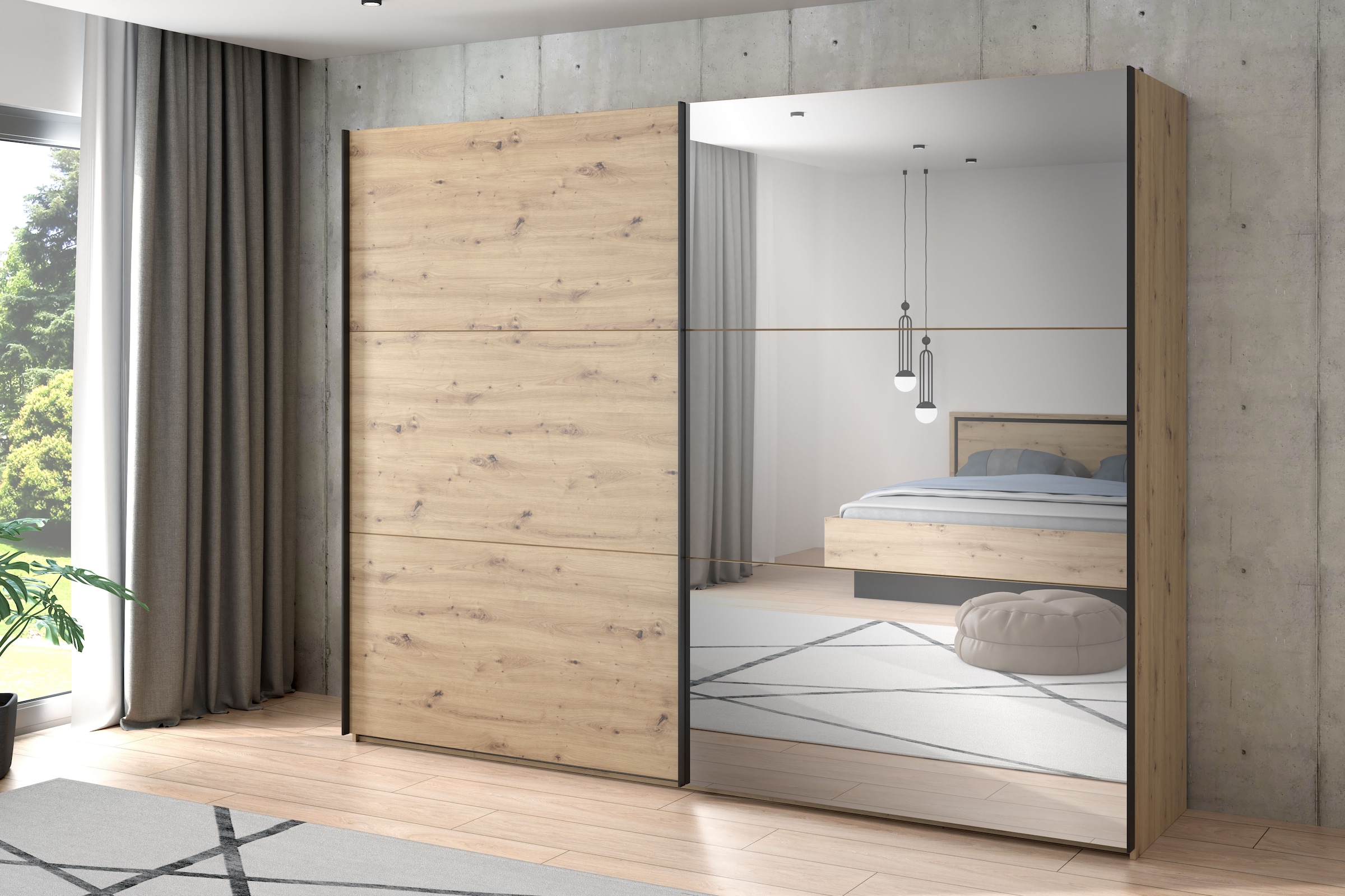 FORTE Schwebetürenschrank »Trondheim, Kleiderschrank mit Spiegel, Industrial Design, 2-Türen«, (B/H/T ca. 270/210/63cm), Holzdekor: Artisan Eiche