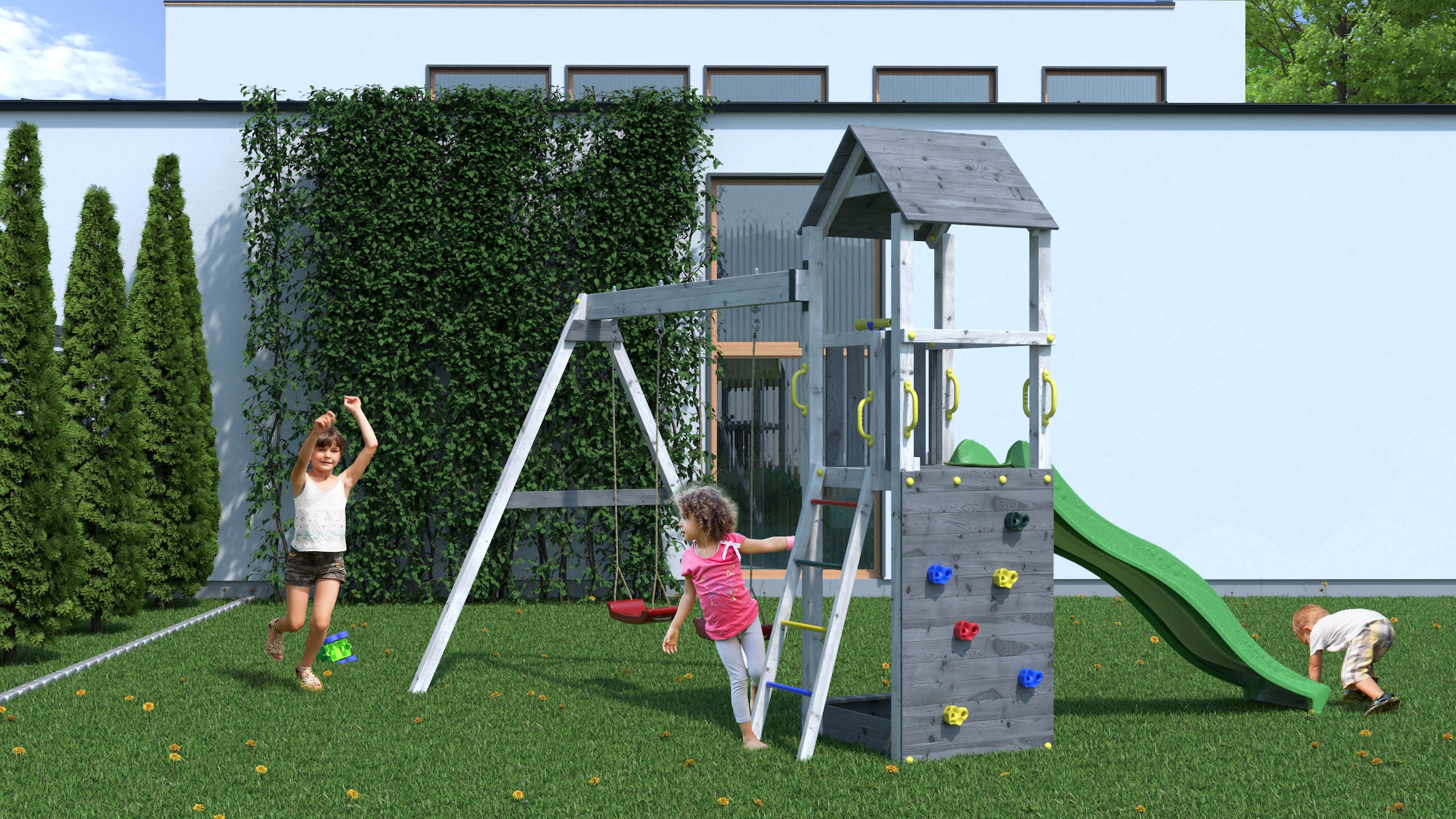 FUNGOO Spielturm »FLAPPI« mit Rutsche, Doppelschaukel, Kletterwand, Teleskop, Lenkrad