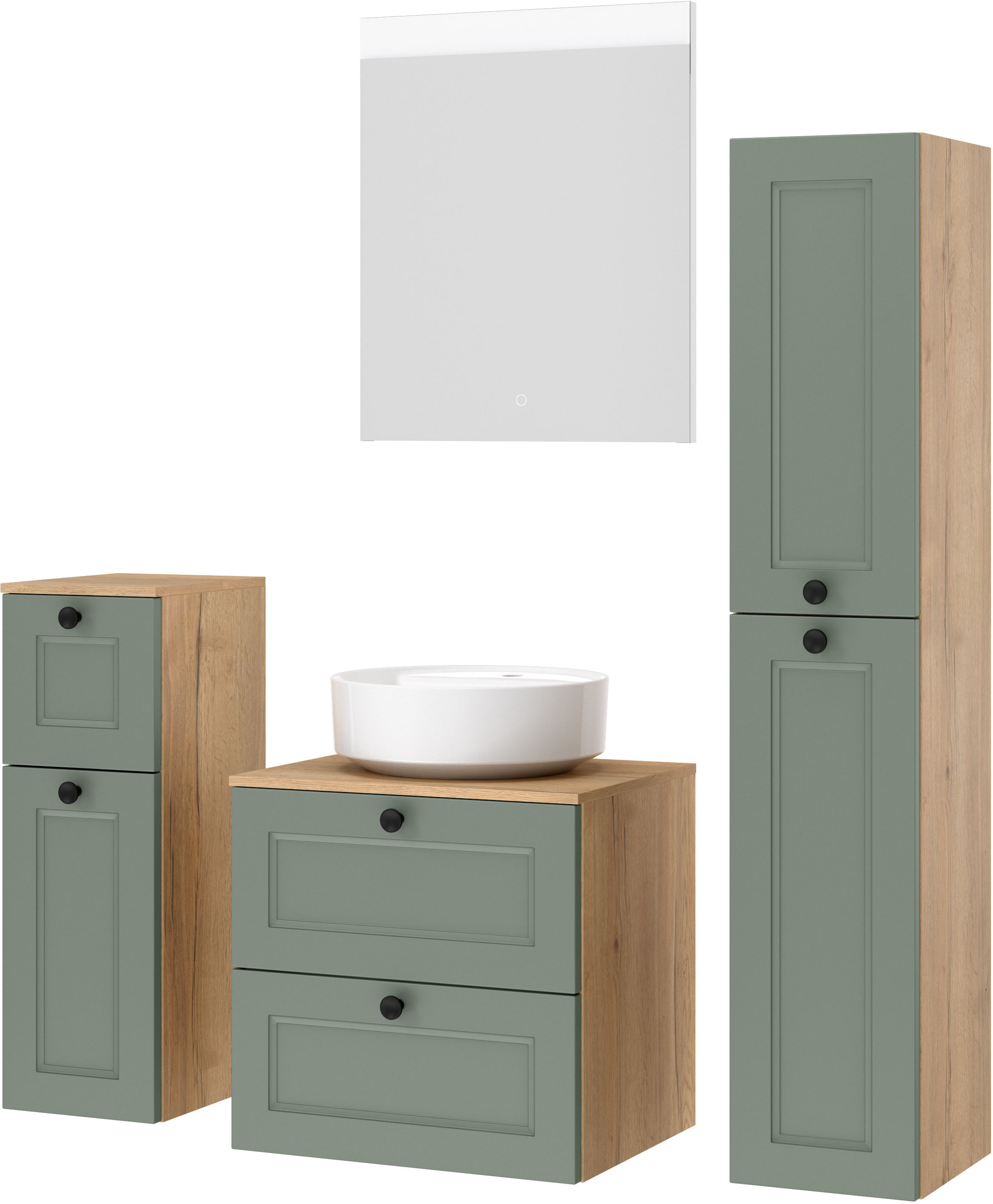 nobilia® Badmöbel-Set »Cascada« Set, inkl.  Aufsatzwaschbecken und beleuchtetem  Spiegel mit Touch-Sensor, 4 Stk. tlg.