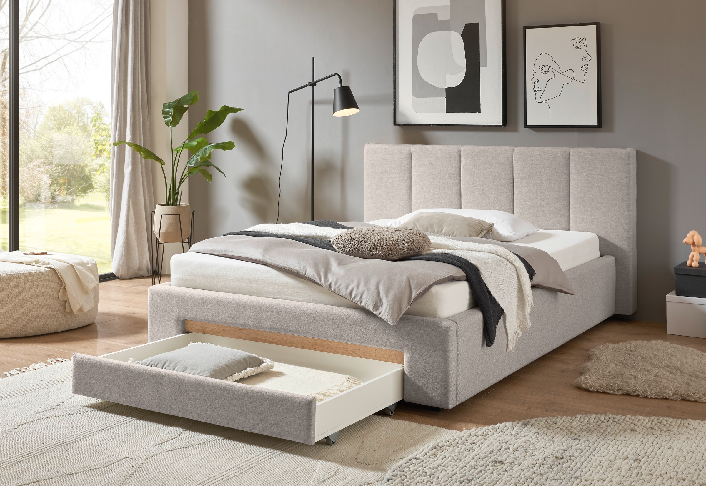 INOSIGN Polsterbett »CiTY/GiRON, Bettgestell mit Bettkasten, gepolstertes Stauraumbett«, mit Hundebett oder Stauraumschublade, Bezug Cord-oder Leinenoptik
