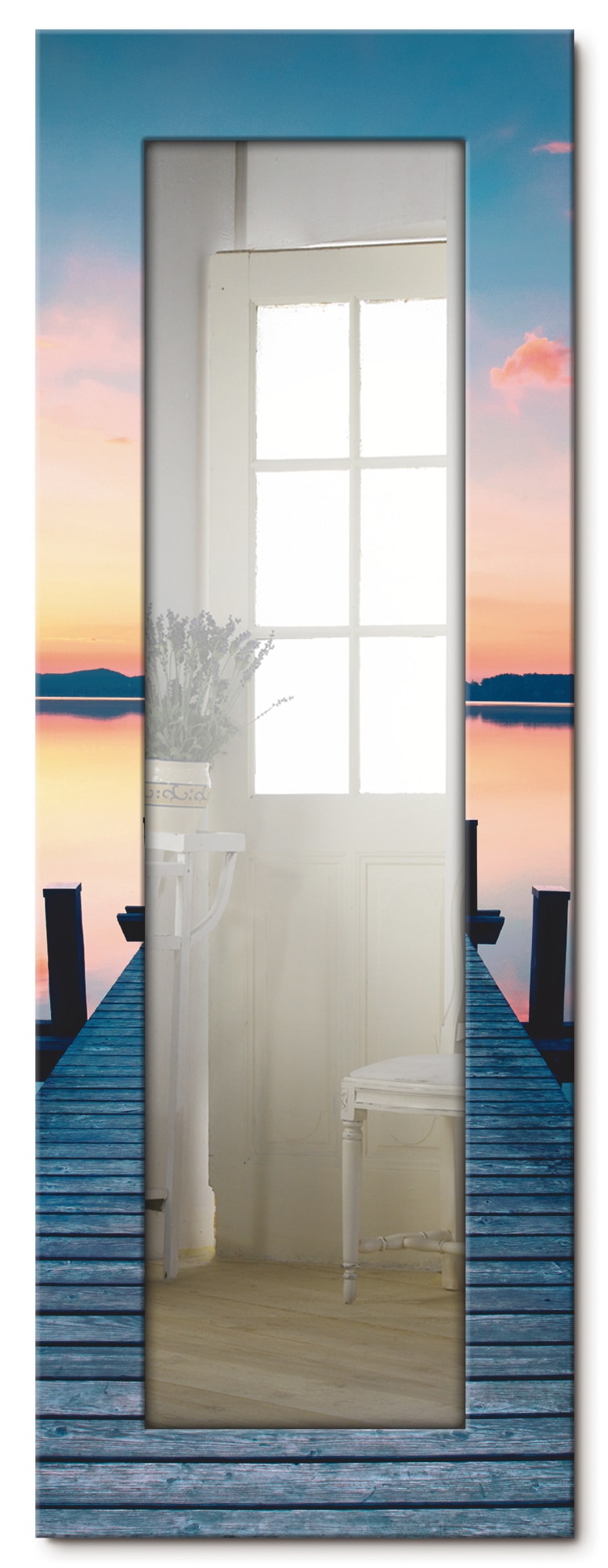 Artland Dekospiegel „Langer Pier am See im Sonnenaufgang“, gerahmter Ganzkörperspiegel, Wandspiegel, mit Motivrahmen, Landhaus blau Rabatt: 47 %