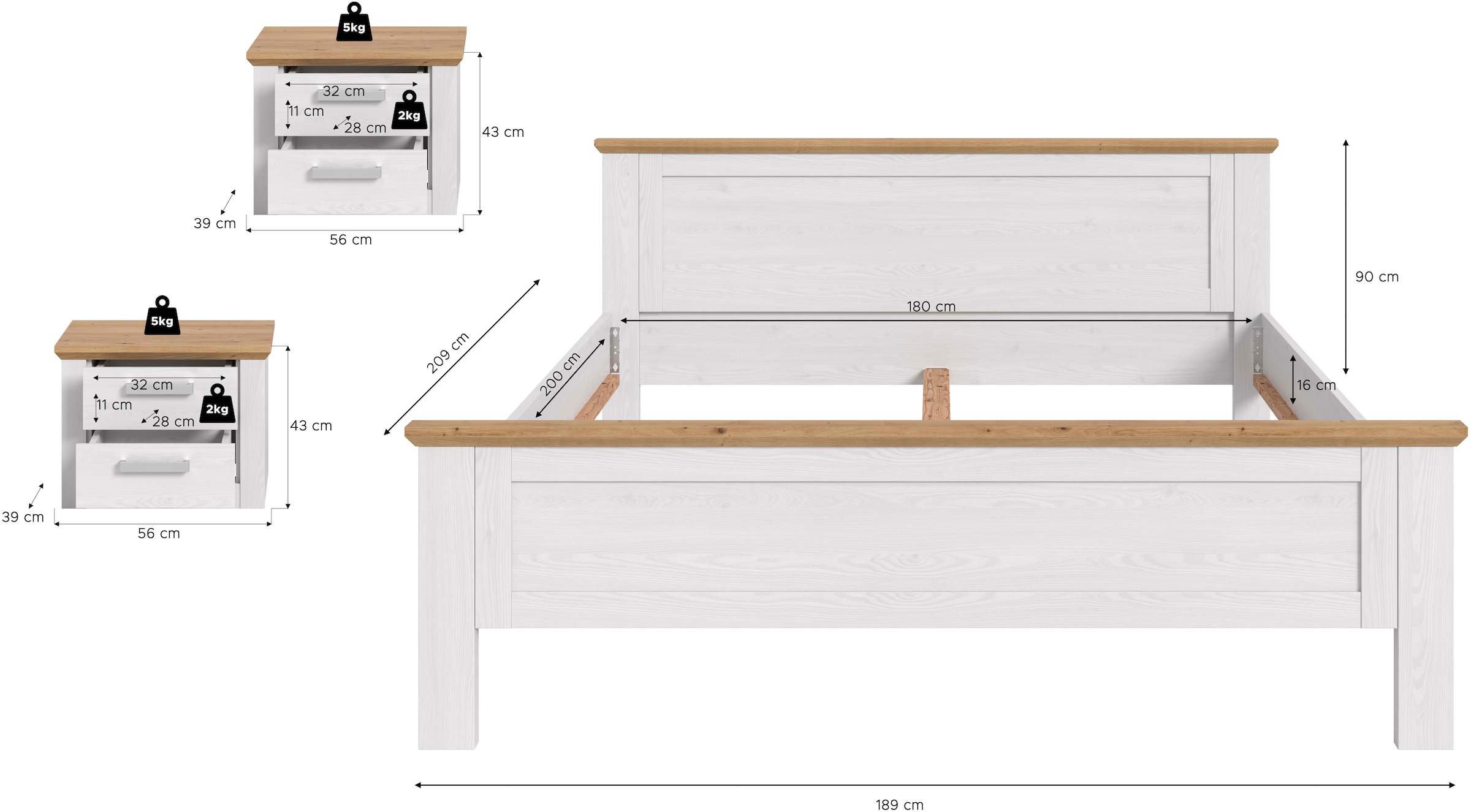 Home affaire Schlafzimmer-Set »COSENZA, TOPSELLER!, 3-teilig., best. aus: Bettgestell & 2x Nachttisch« Matratzengröße 180x200 cm, viel Stauraum, ohne Lattenrost & Matratze, 3 tlg. tlg.