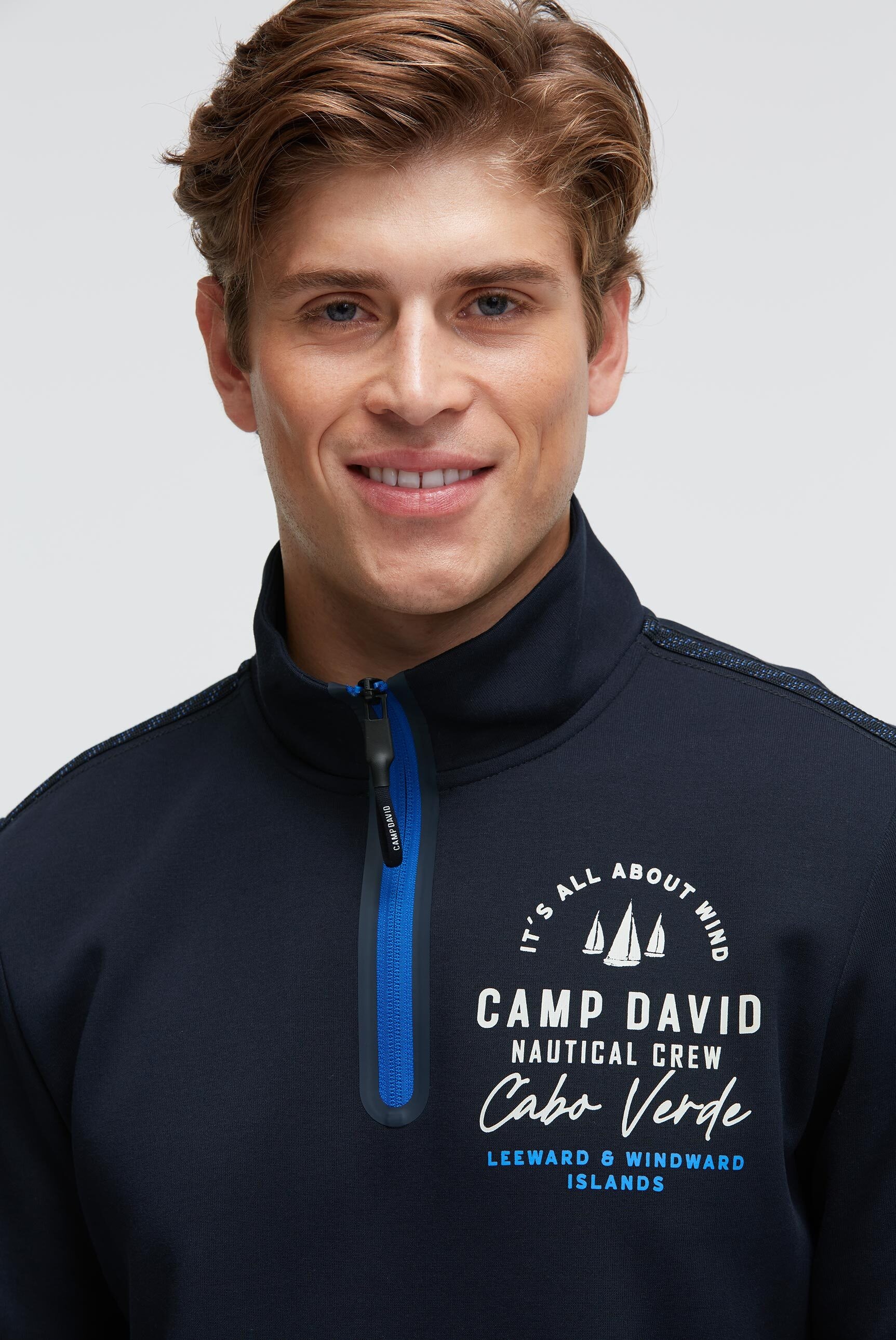 Sweater CAMP DAVID, Herren, Gr. 3XL, blau, Jersey, Material: 70% Baumwolle, 30% Polyester, bedruckt, regular fit normal, hoch geschlossener Ausschnitt, eingesetzt Rippbündchen, Sweatshirts Sweater, mit Reißverschluss-Taschen 3