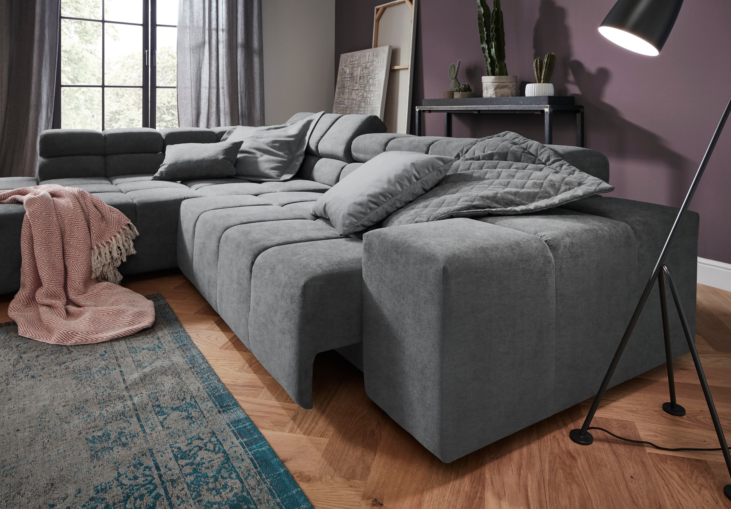 INOSIGN Ecksofa »Ancona incl. Kopfteilverstellung, Zierkissen Breite 319cm, L-Form«, wahlweise motorische Sitztiefenverstellung, auch in Cord + Easy Care