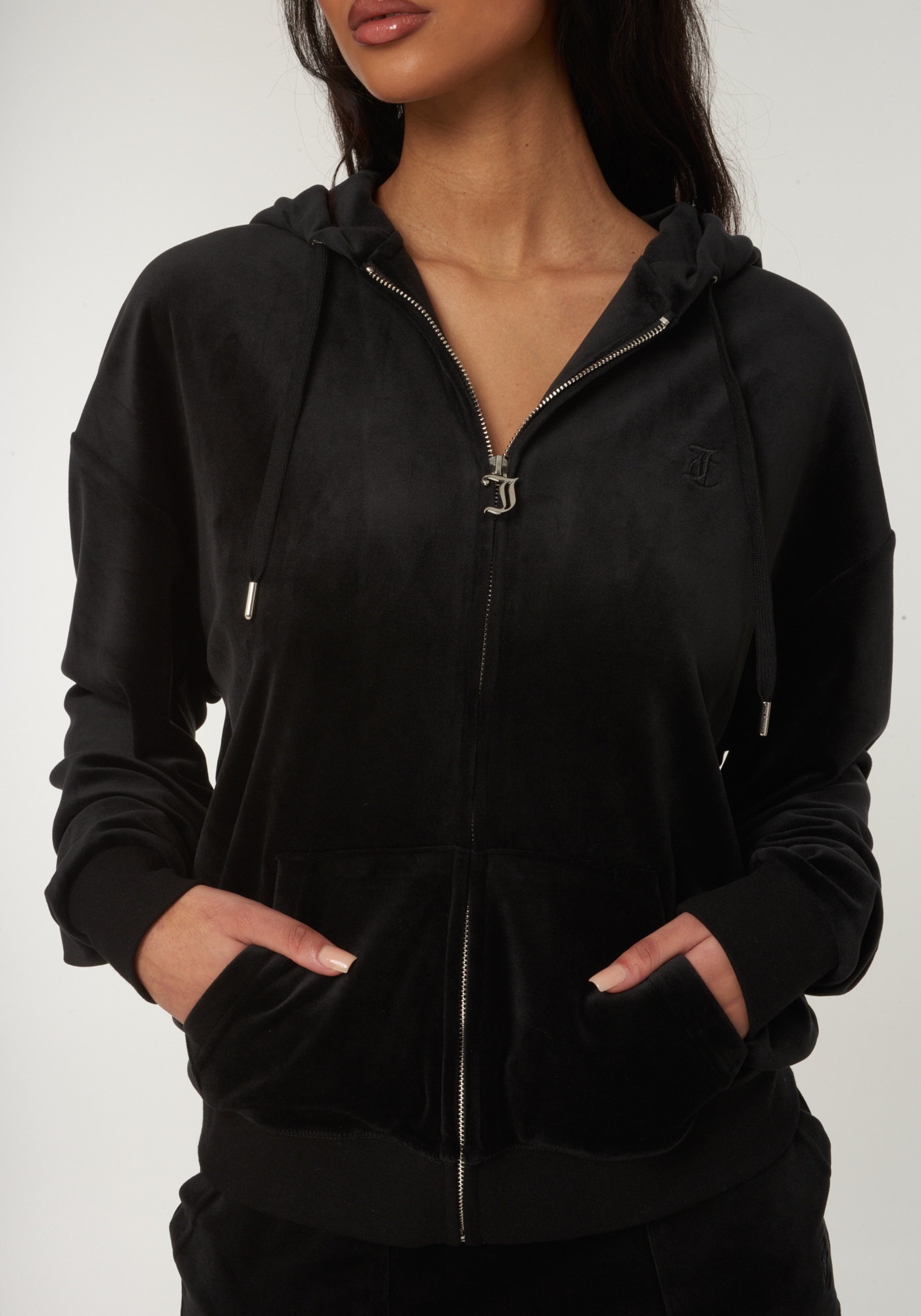 Juicy Couture Kapuzennickijacke »HALAN OVERSIZED HOODIE Damen«, mit Kapuze, Trainingsjacke Damen, Sweatjacke mit Kapuze, Velour, Stickerei, Sale