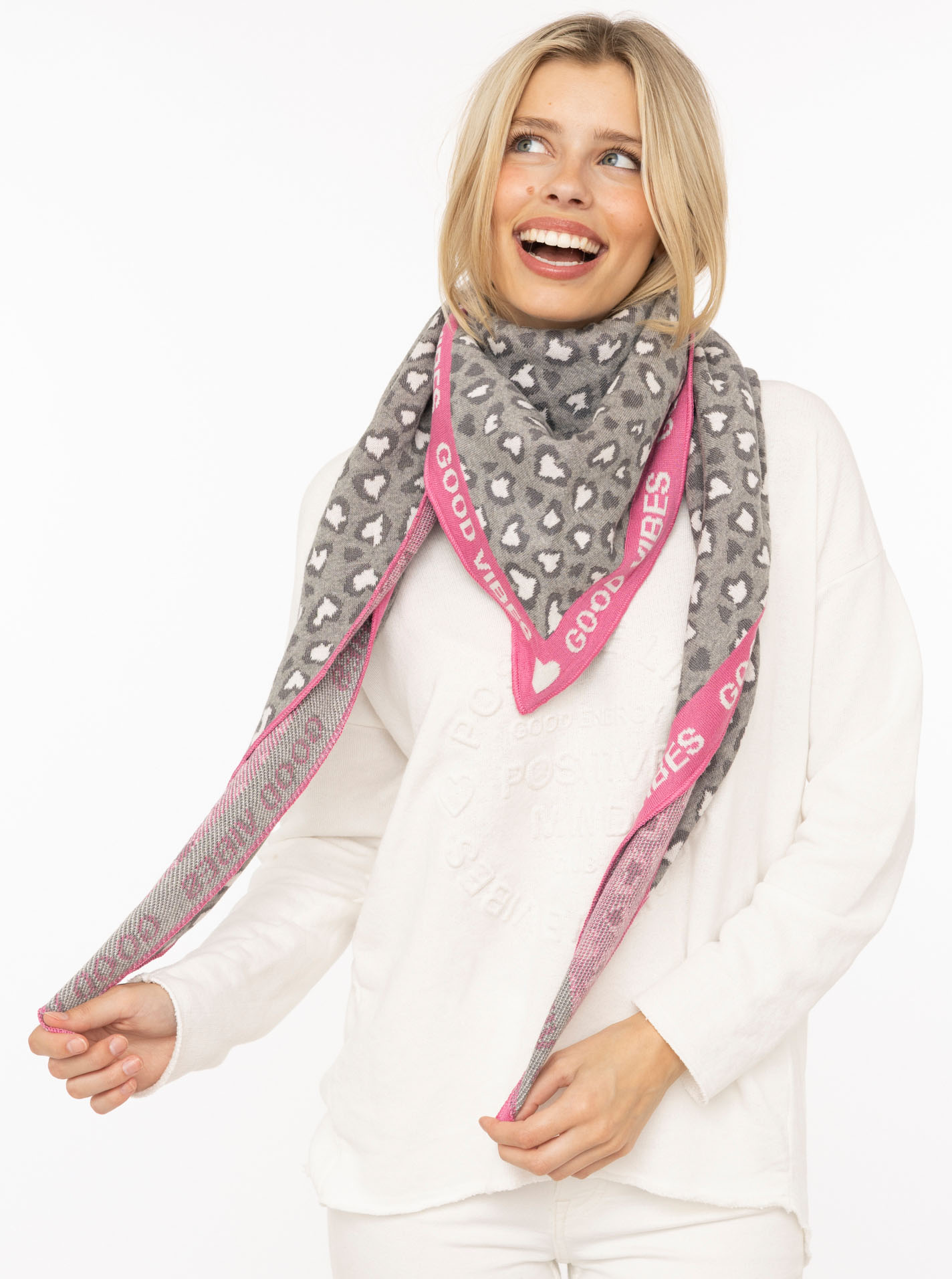Zwillingsherz Modetuch "Dreieckstuch BW "Leo & Good" Leo mit pinker Kante und guten Vibes