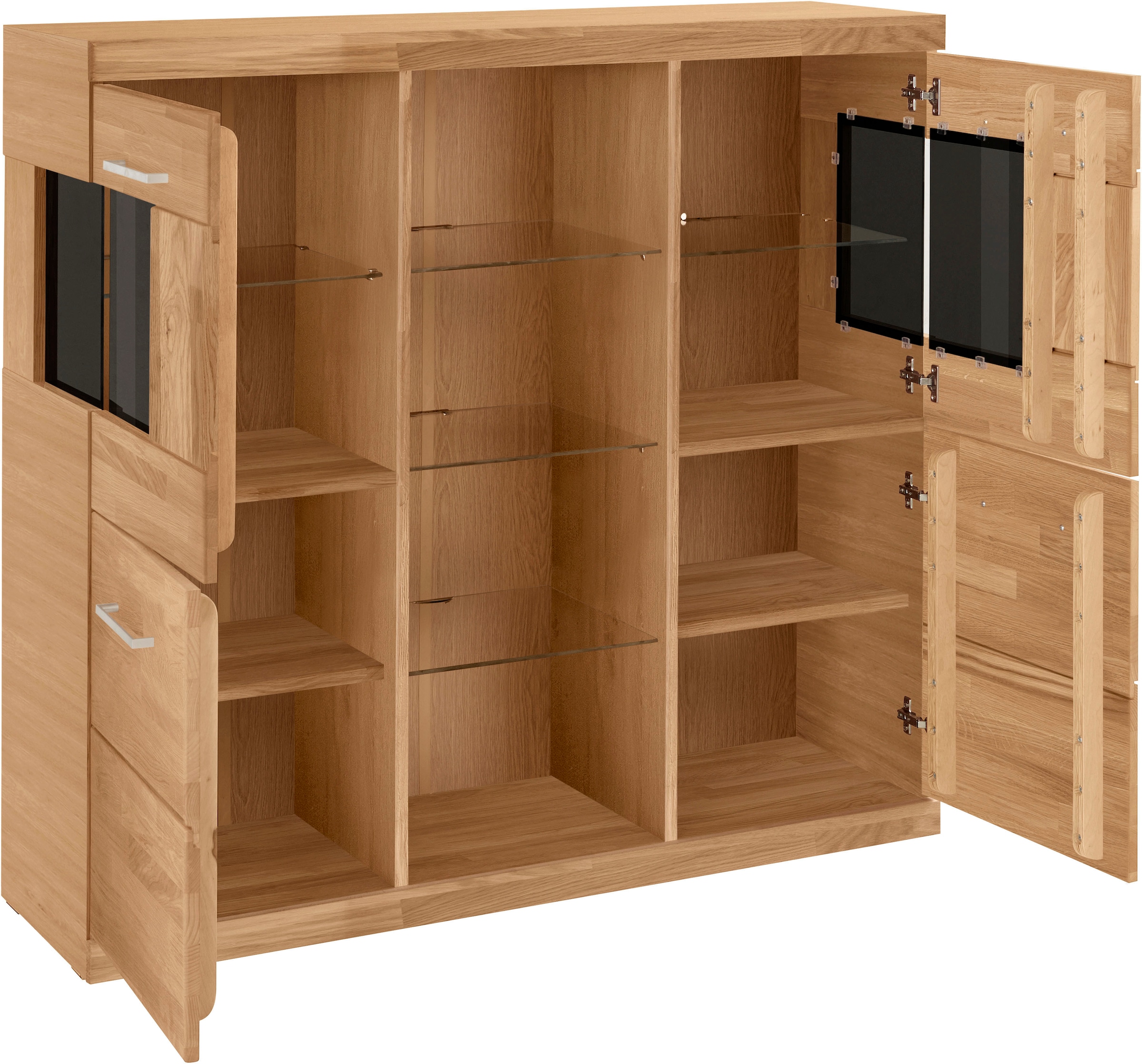 Home affaire Highboard »Ribe,120cm breit,112cm hoch, Fronten Massivholz,12 Fächer«, Holz massiv, Holzwerkstoff, Metall Griffe,2Türen mit Glaseinsatz