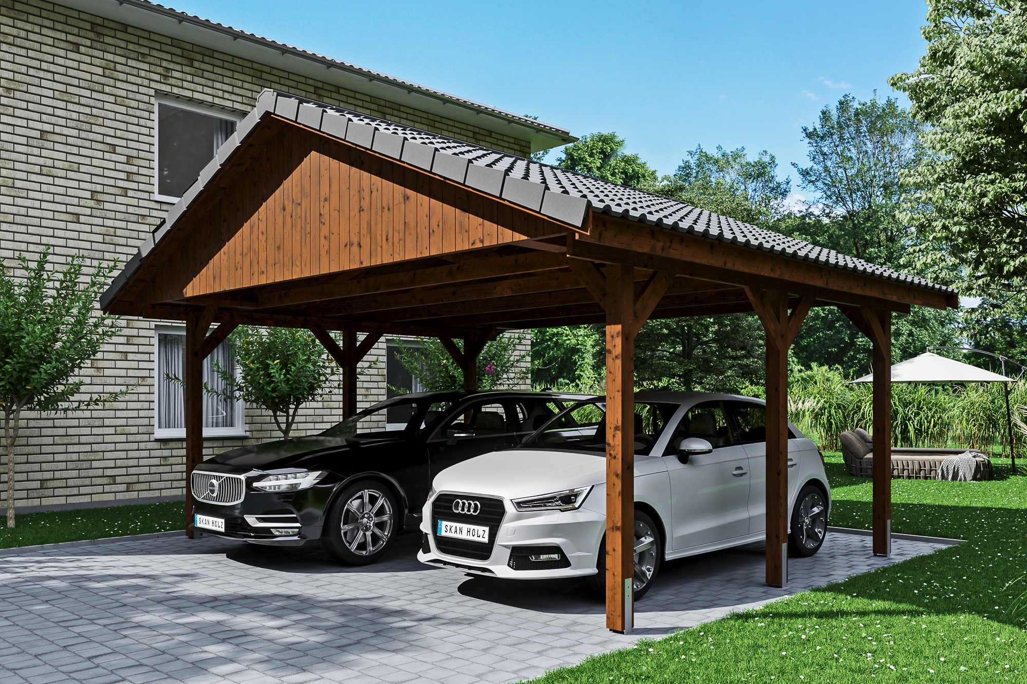Skanholz Doppelcarport »Wallgau«, Nadelholz, 530 cm, Nussbaum, mit Dachlattung