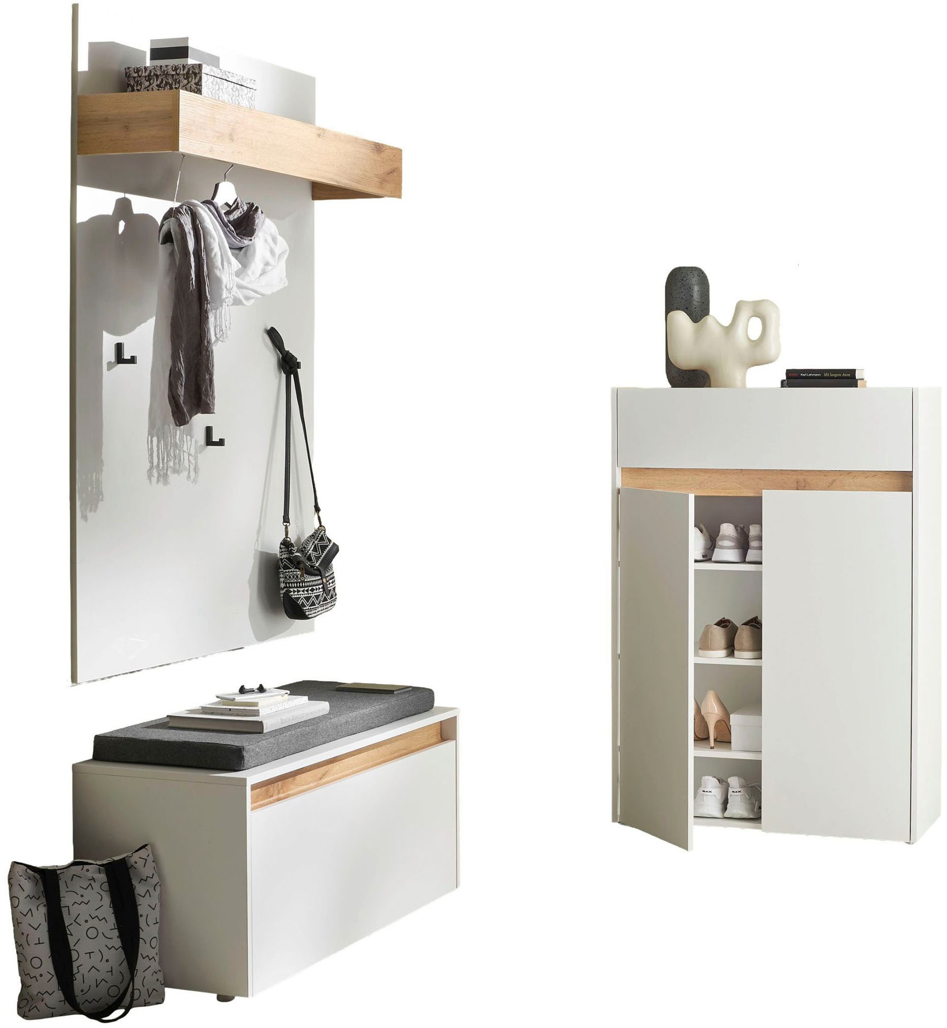 INOSIGN Garderoben-Set »City/Giron, moderne Garderobe, viel Stauraum, ca. 24 Schuhe«, (Set, 3 St.), enthält Schuhschrank, Garderobenpaneel & Garderobenbank mit Sitzkissen